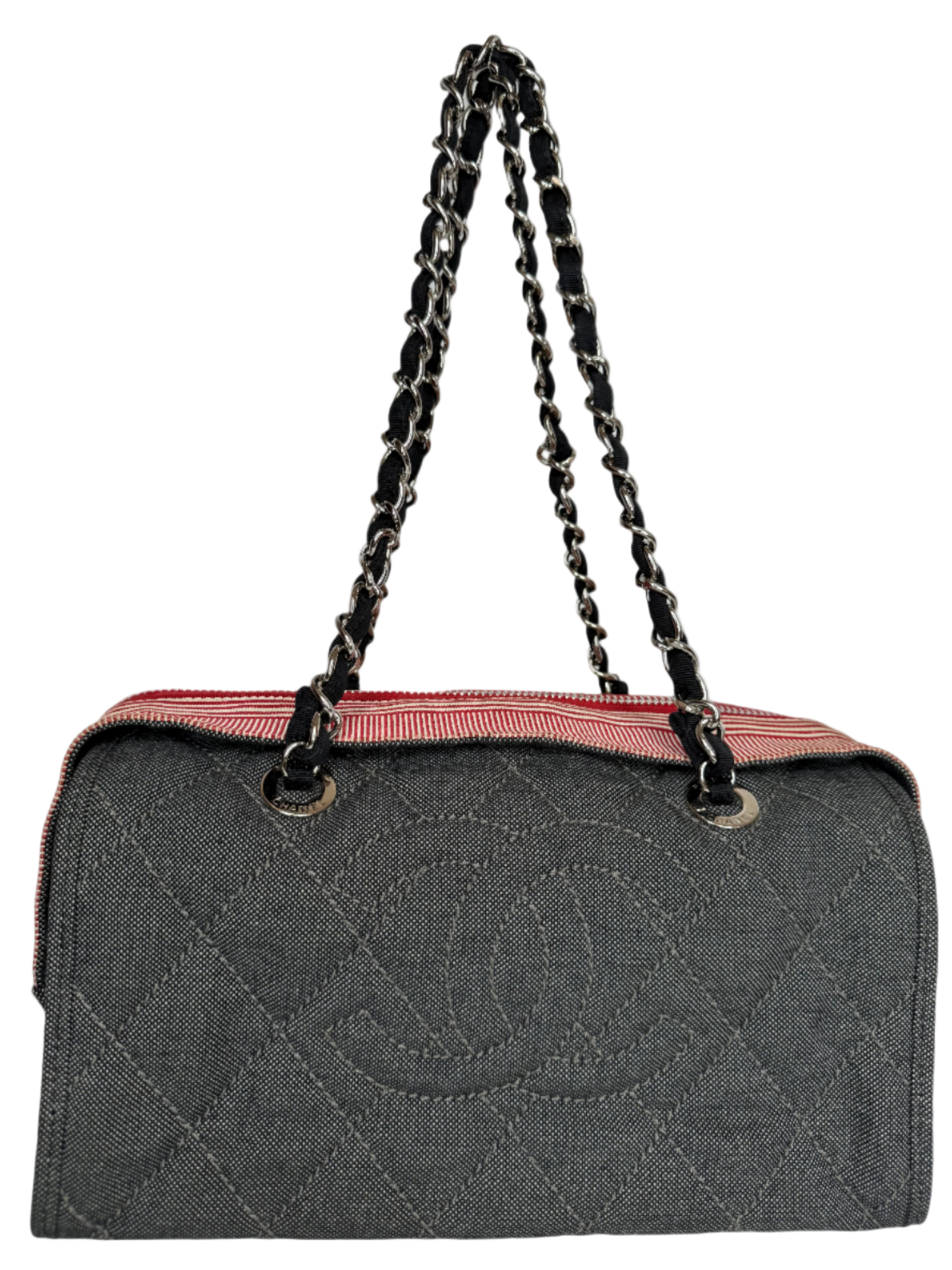 Chanel Blue/Red Quilted Denim CC Bowler Shoulder Bag