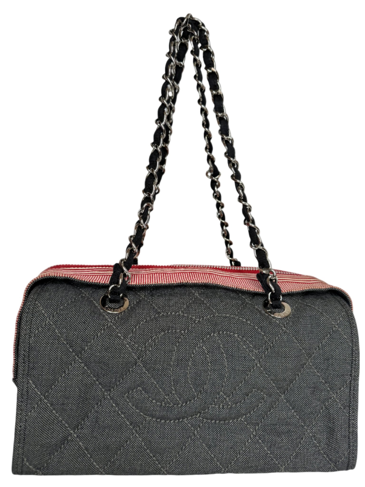 Chanel Blue/Red Quilted Denim CC Bowler Shoulder Bag