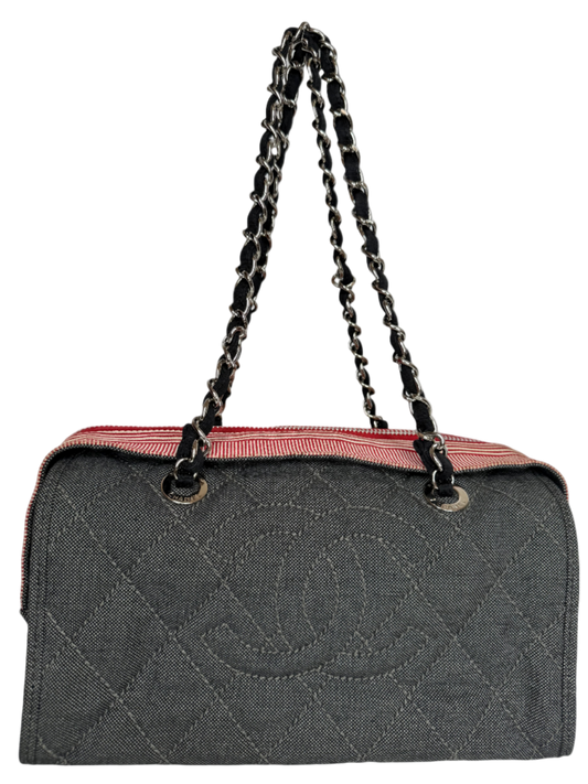 Chanel Blue/Red Quilted Denim CC Bowler Shoulder Bag