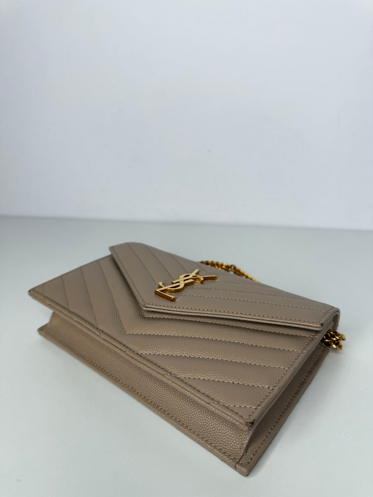 Saint Laurent Cassandre Envelope Dark Beige Grain De Poudre Leather Wallet on Chain