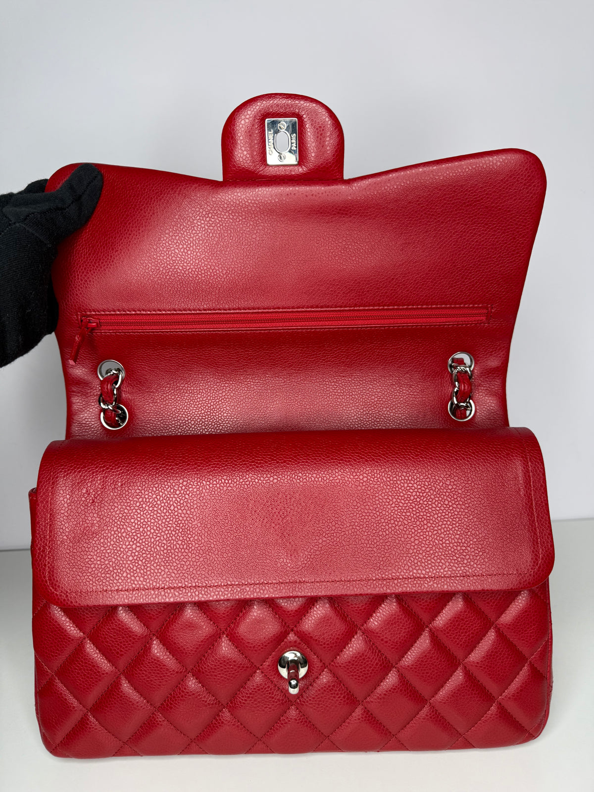 Chanel Jumbo Classic Double Flap Bag Red Caviar Silver Hardware