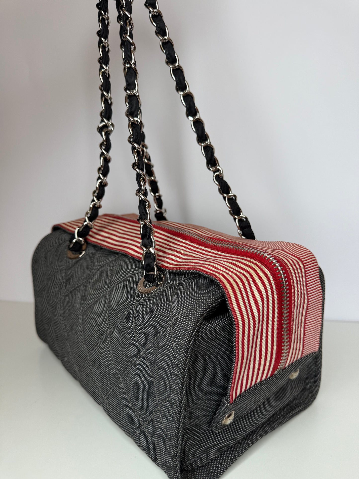 Chanel Blue/Red Quilted Denim CC Bowler Shoulder Bag