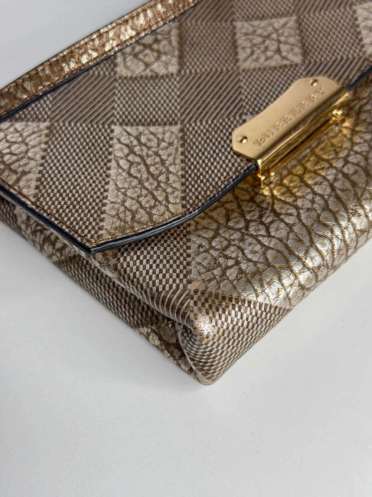 Burberry Gold Embossed Check Leather Flap Crossbody Bag