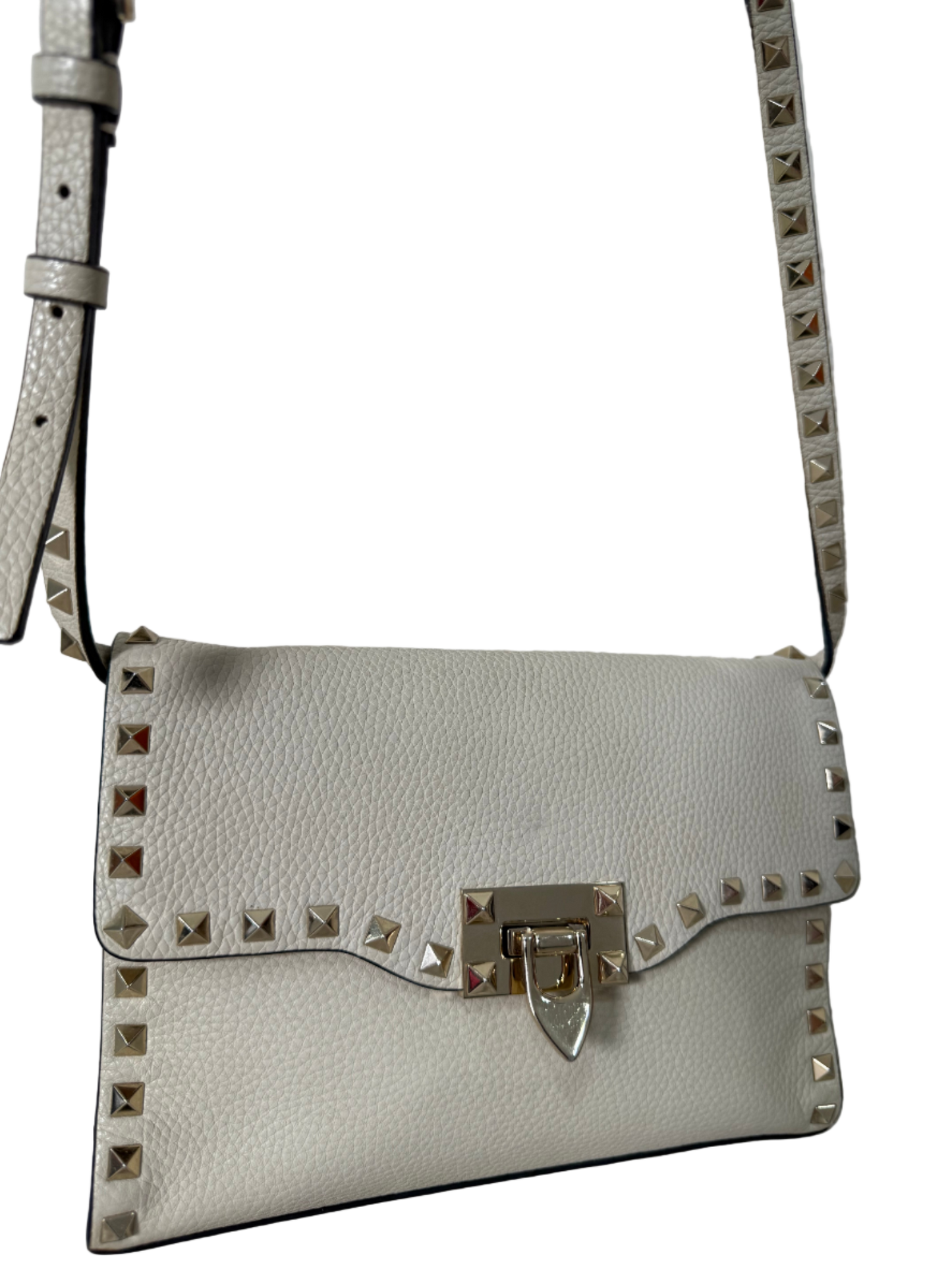 Valentino Garavani Small Rockstud Grainy Calfskin Crossbody Bag Ivory
