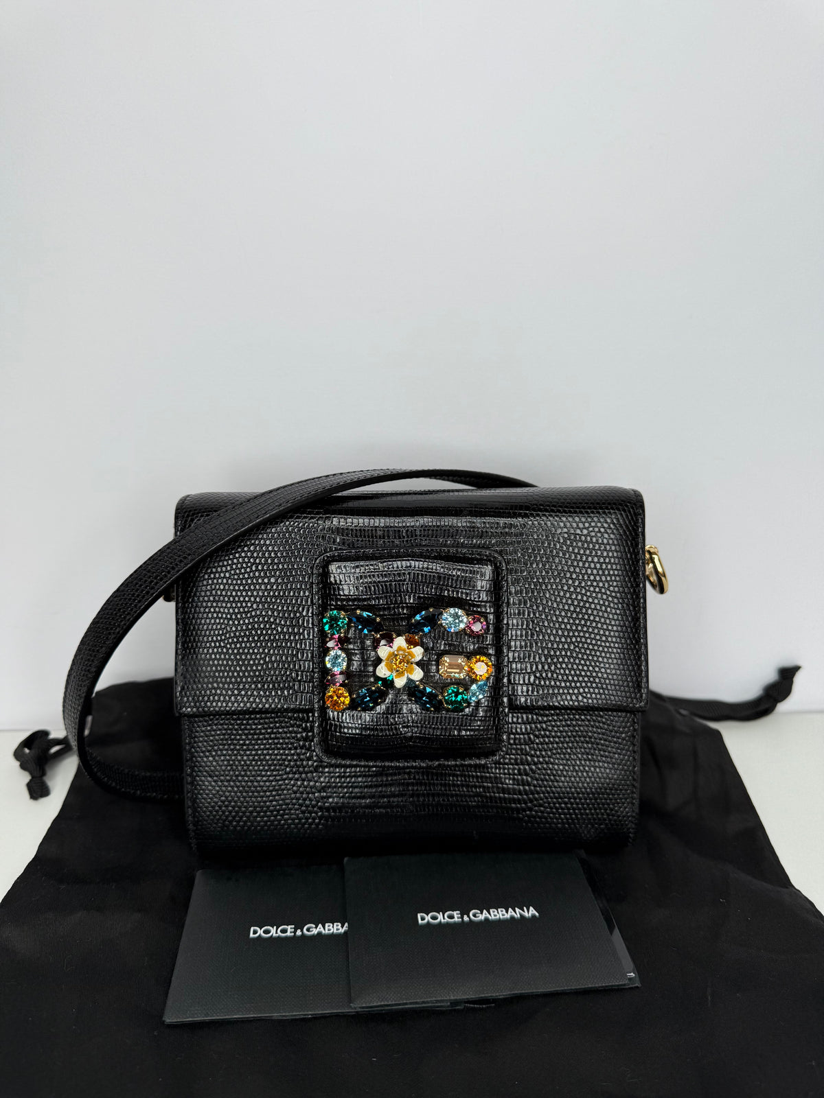 Dolce Gabbana Mini Millennials Black Iguana Leather DG Crystals Crossbody Bag