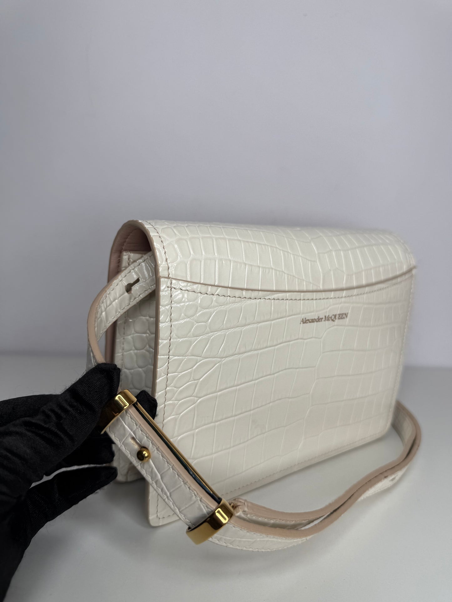 Alexander McQueen Croc Embossed Four Ring Crossbody Bag in Soft Ivory