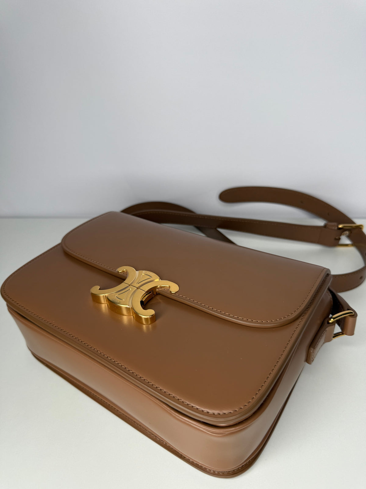 Celine Classique Triomphe Bag In Glazed Brown Shiny Calfskin