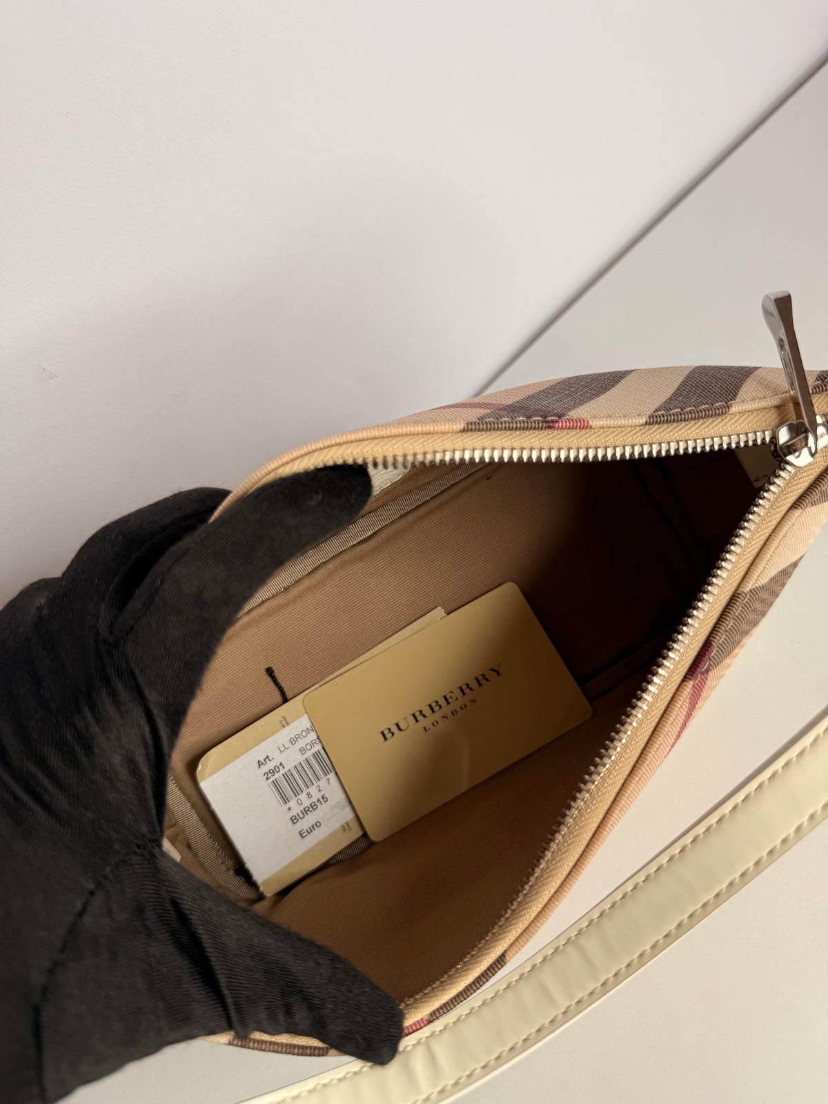 Burberry Nova Check Mini Boat Pochette White Patent Leather