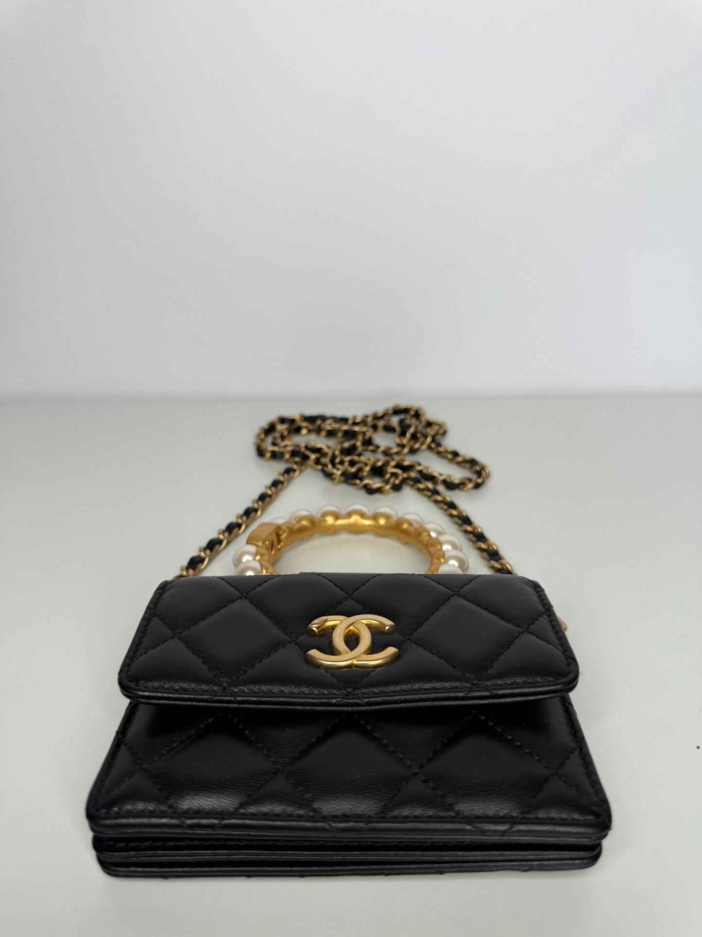 Chanel Black Quilted Lambskin Pearl Crown Clutch with Chain