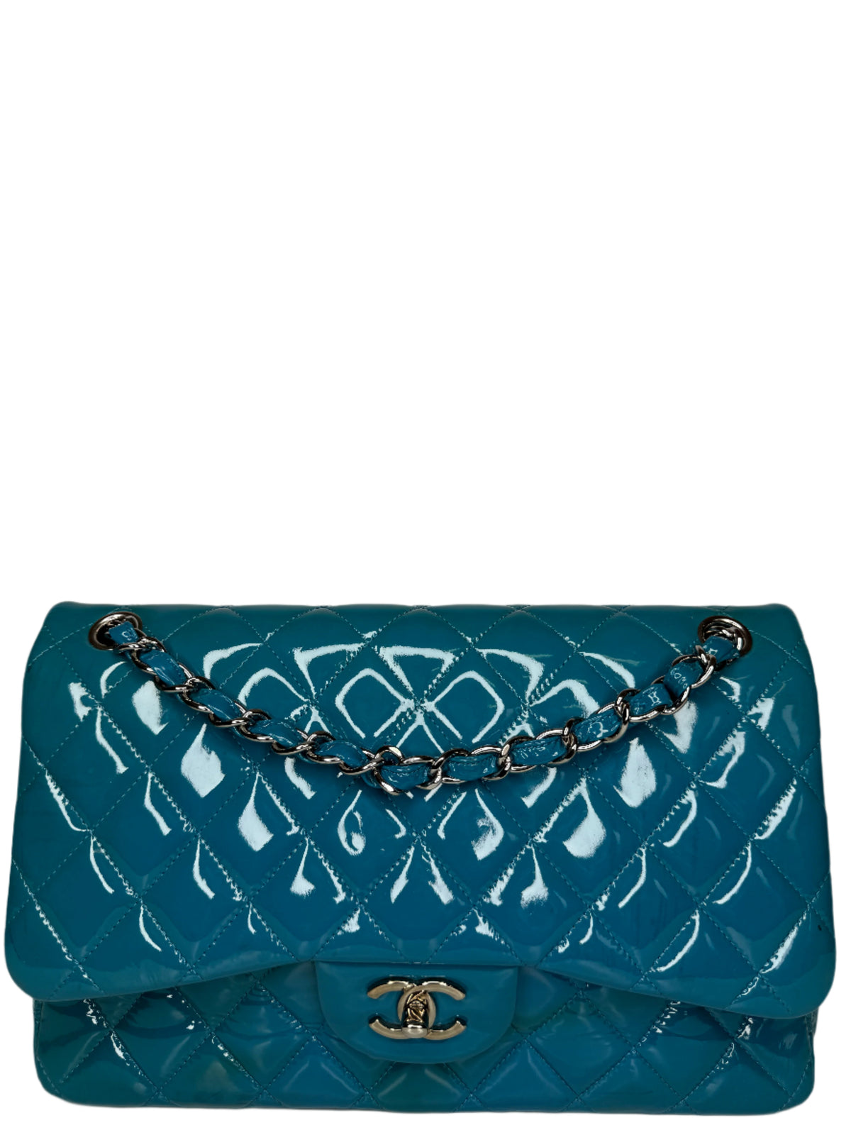 Chanel Blue Classic Jumbo Double Flap Quilted Patent Leather Bag