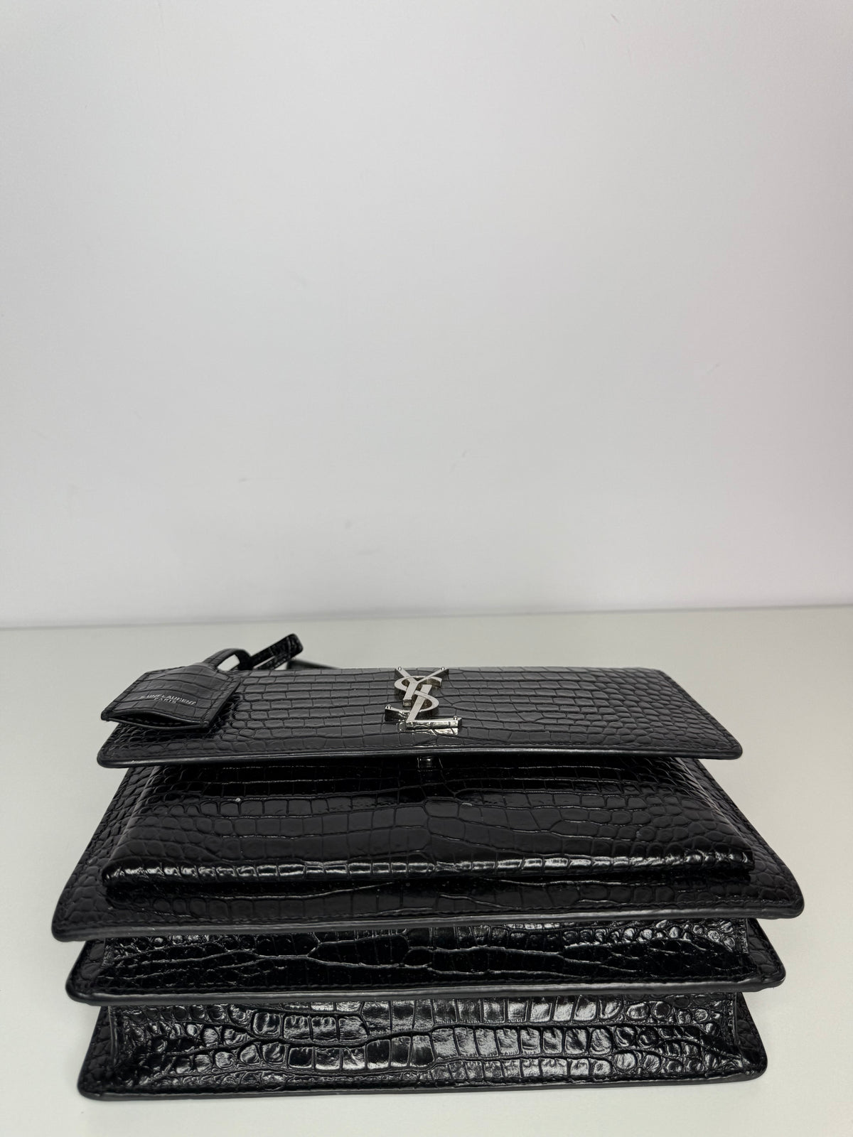 Saint Laurent Sunset Medium Black Calfskin Crocodile Embossed