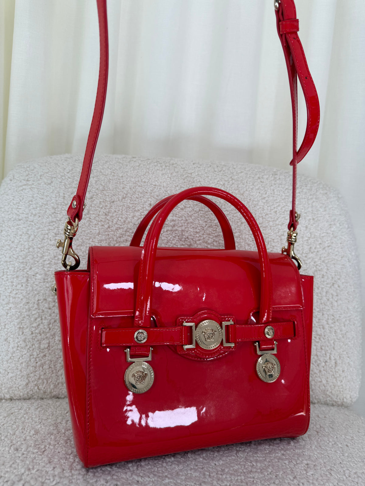 Versace Medusa Medallion Signature Red Patent Leather Hand Bag