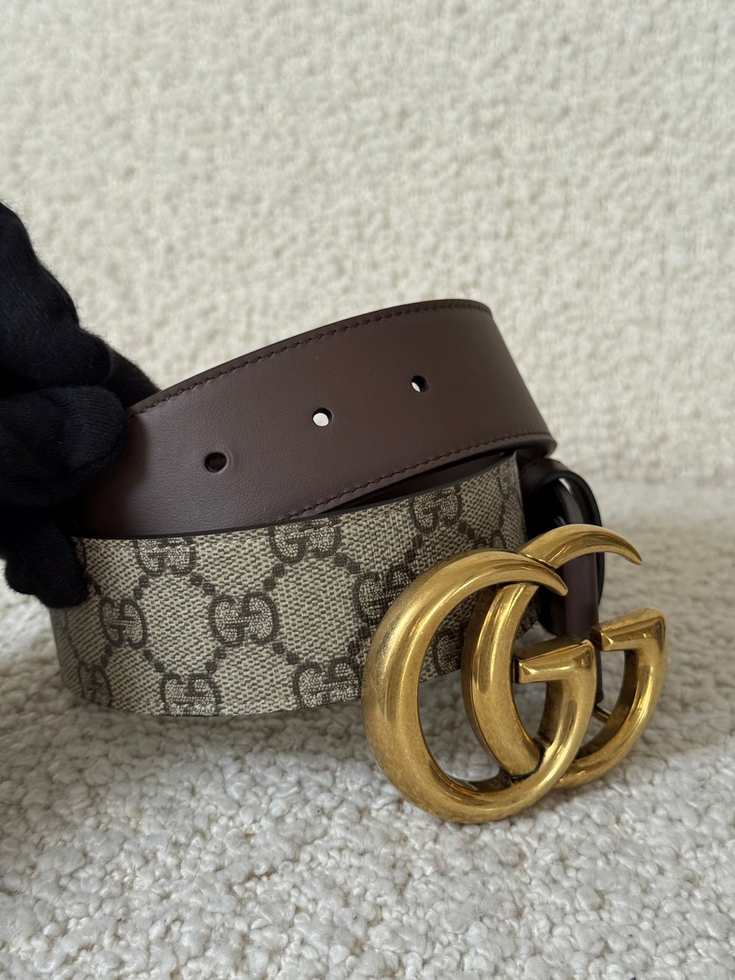 Gucci Beige GG Supreme and Leather Buckle Belt