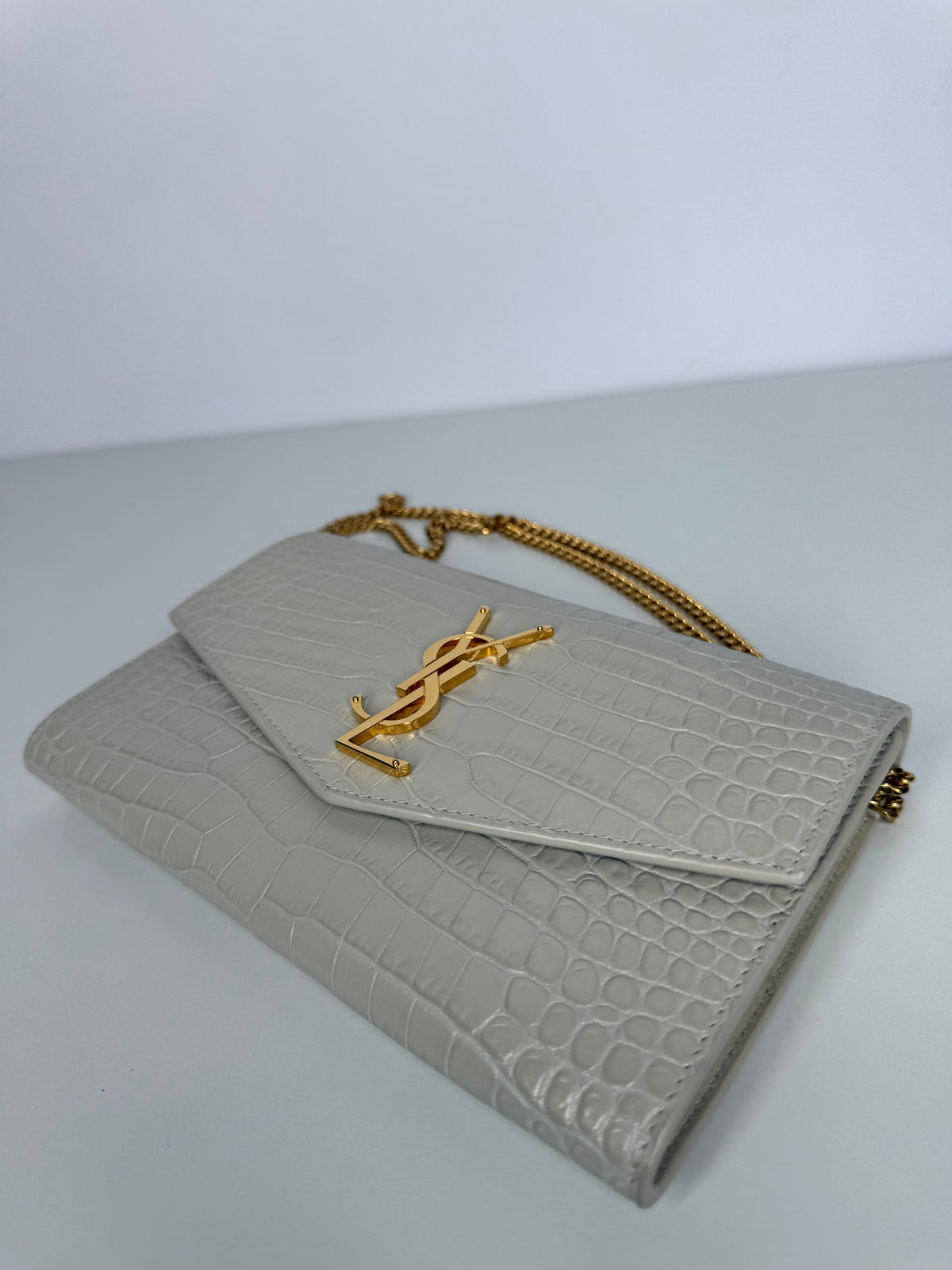Saint Laurent Uptown Crocodile Embossed Shiny Leather in Ivory Wallet on Chain