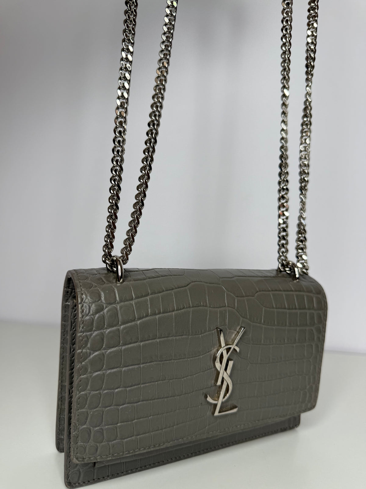 Saint Laurent Grey Croc Embossed Leather Mini Sunset Bag