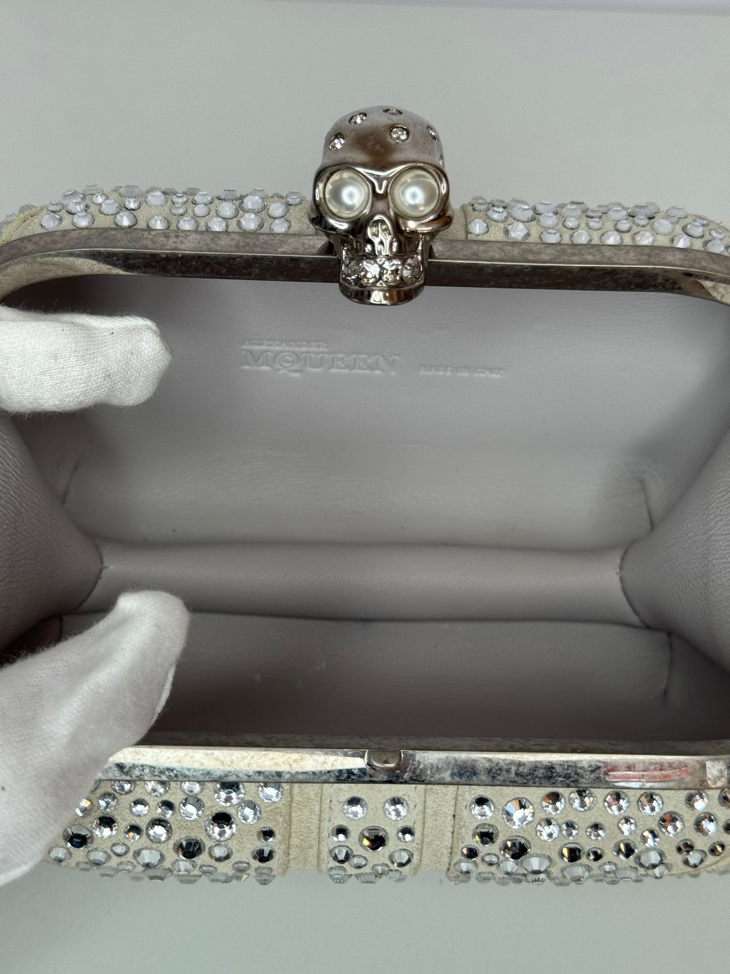 Alexander McQueen Off White Suede Studded Britannia Skull Box Clutch