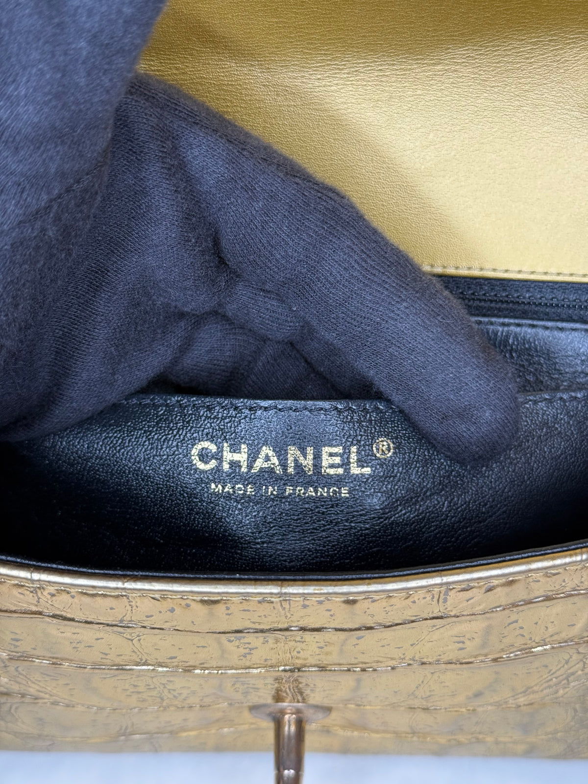 Chanel Classic Crocodile Embossed Metallic Calfskin Single Flap Bag
