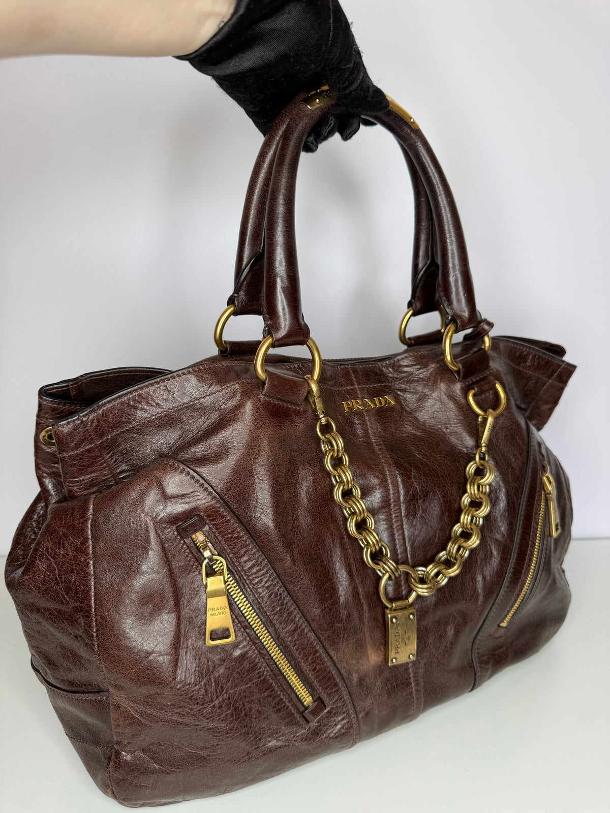 Prada Dark Brown Vitello Shine Leather Bowler Bag