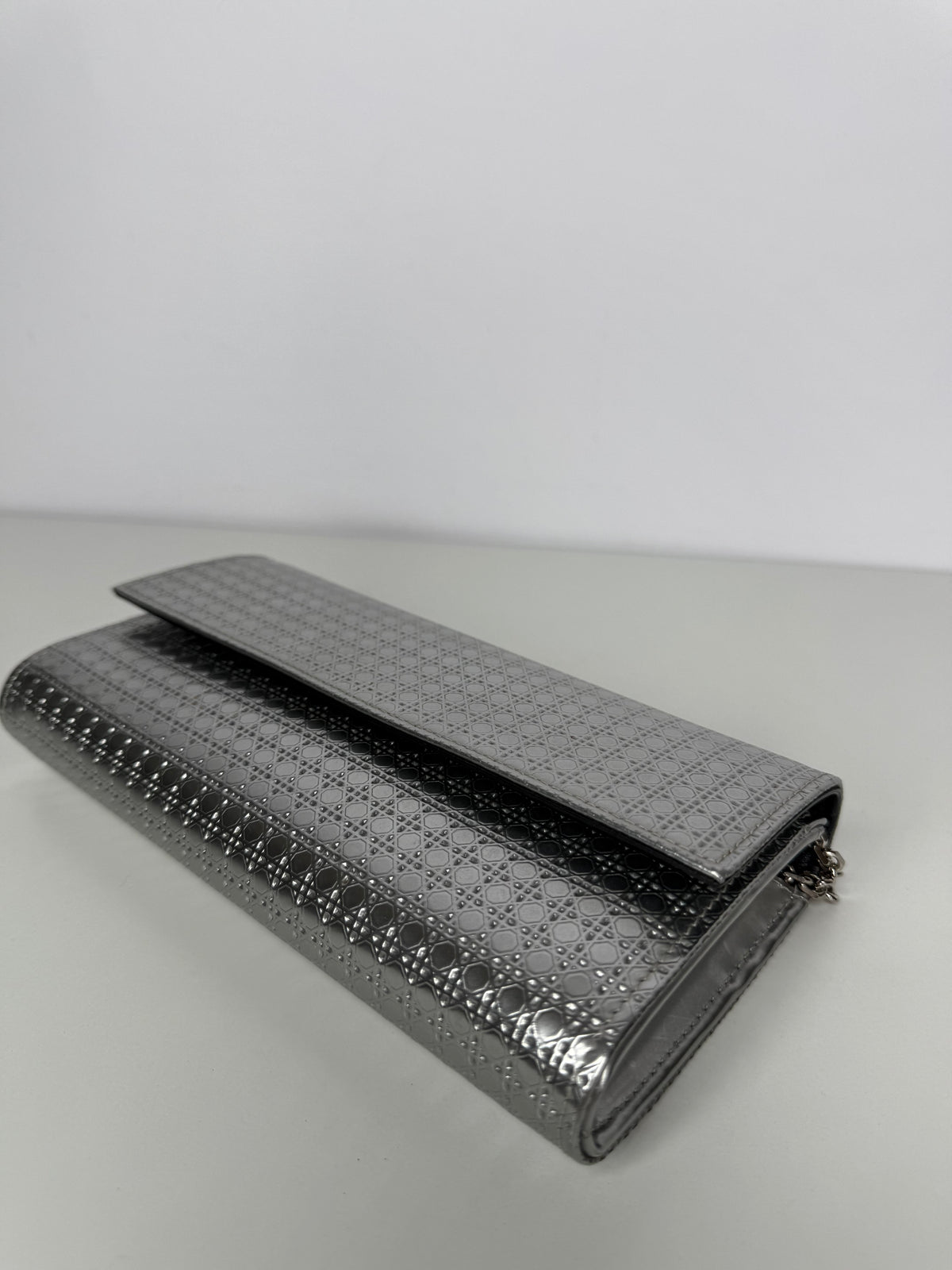 Christian Dior Lady Dior Croisiere Perforated Wallet on Chain in Silver