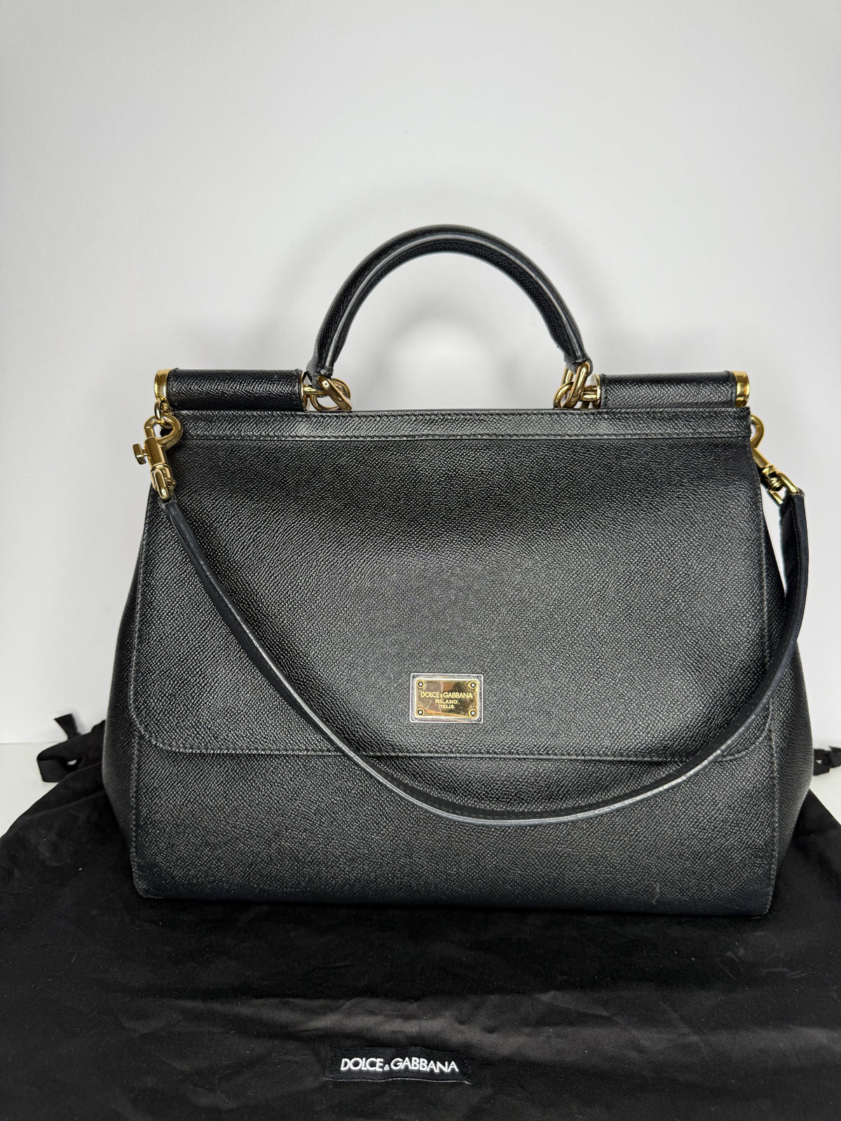 Dolce Gabbana Large Miss Sicily Black Dauphine Leather Top Handle Bag