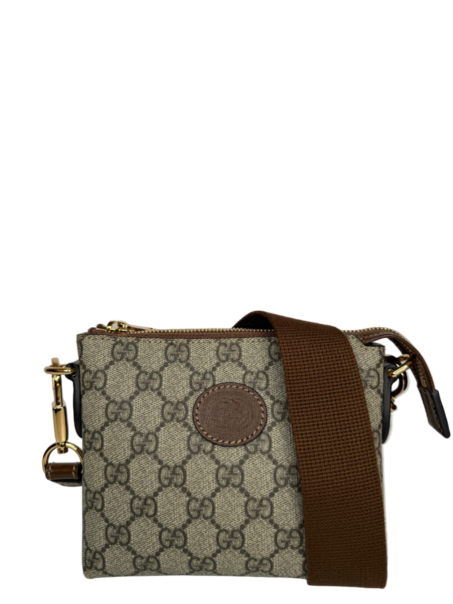 Gucci GG Coated Canvas Interlocking G Patch Wristlet Mini Messenger Bag