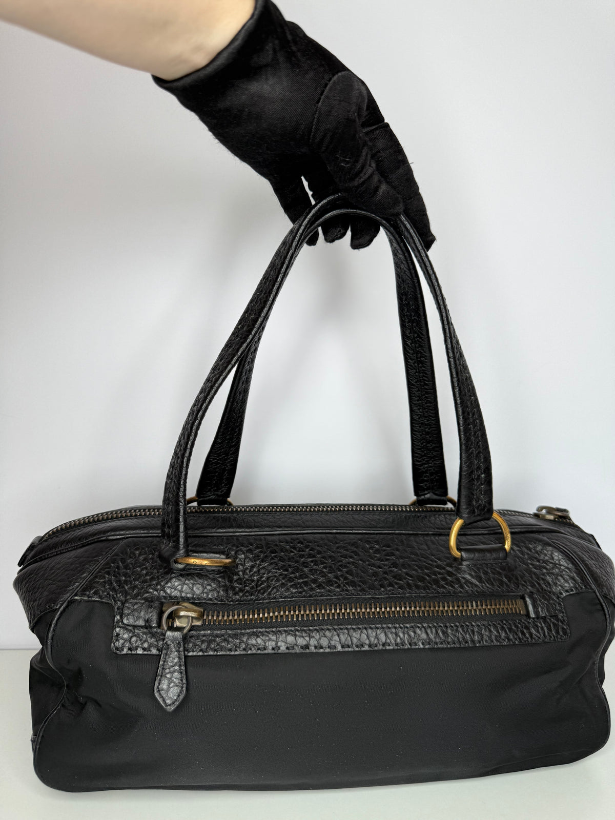 Prada Black Tessuto Nylon Bowler Bag with Vitello Leather Trim