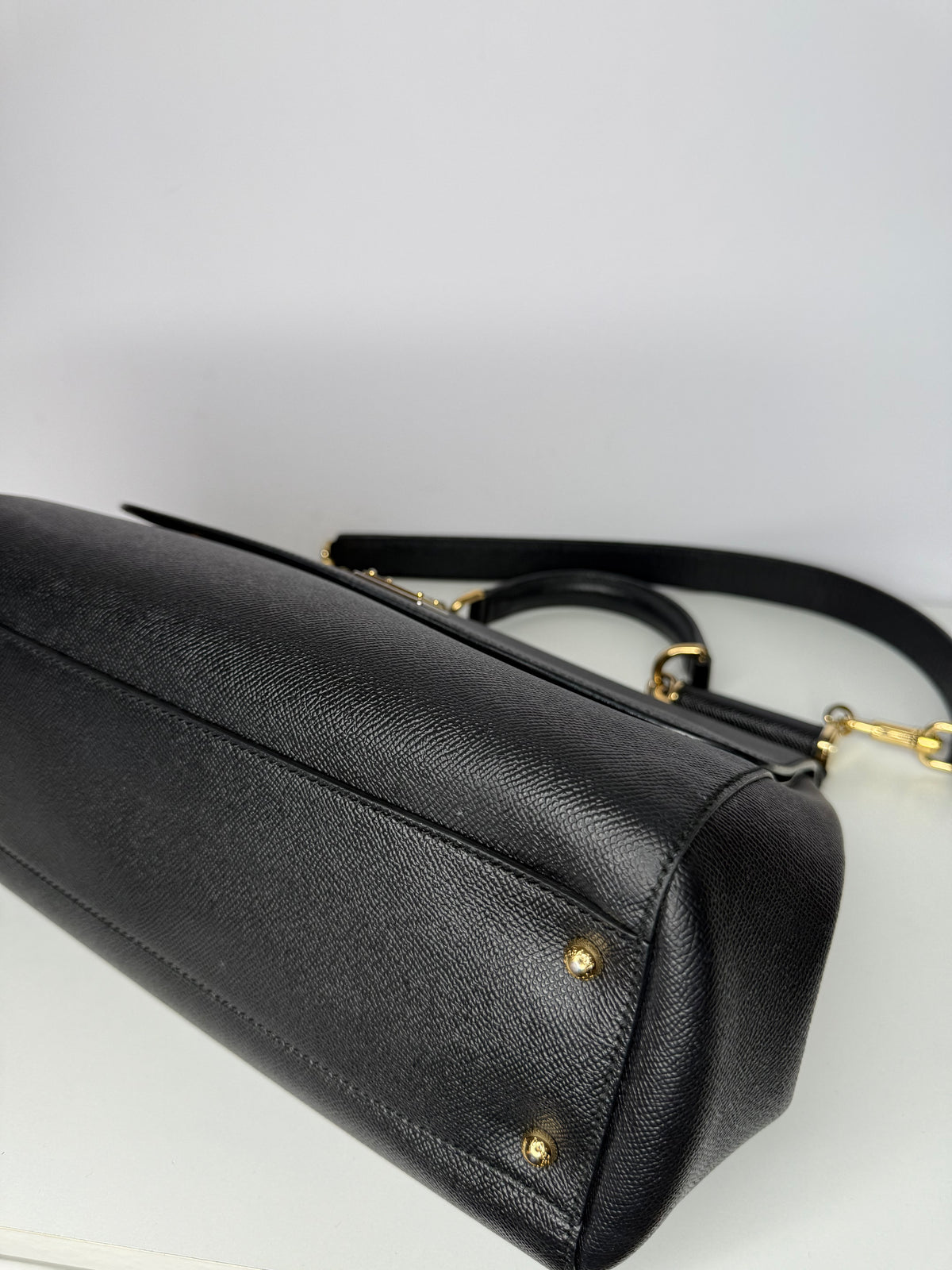 Dolce Gabbana Large Miss Sicily Black Dauphine Leather Top Handle Bag