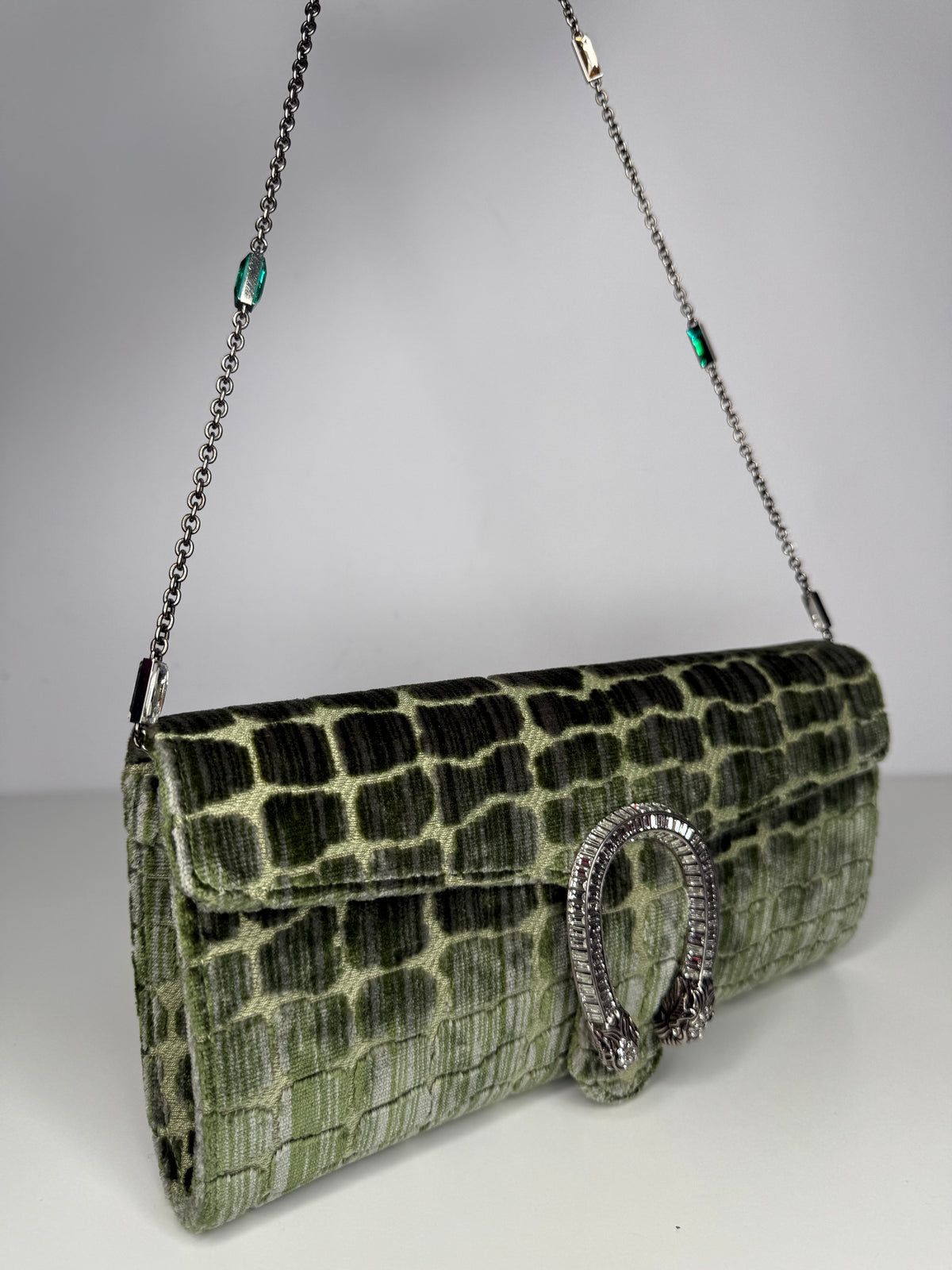 Gucci Limited Edition Dionysus Velvet Small Shoulder Bag In Green Croco Effect