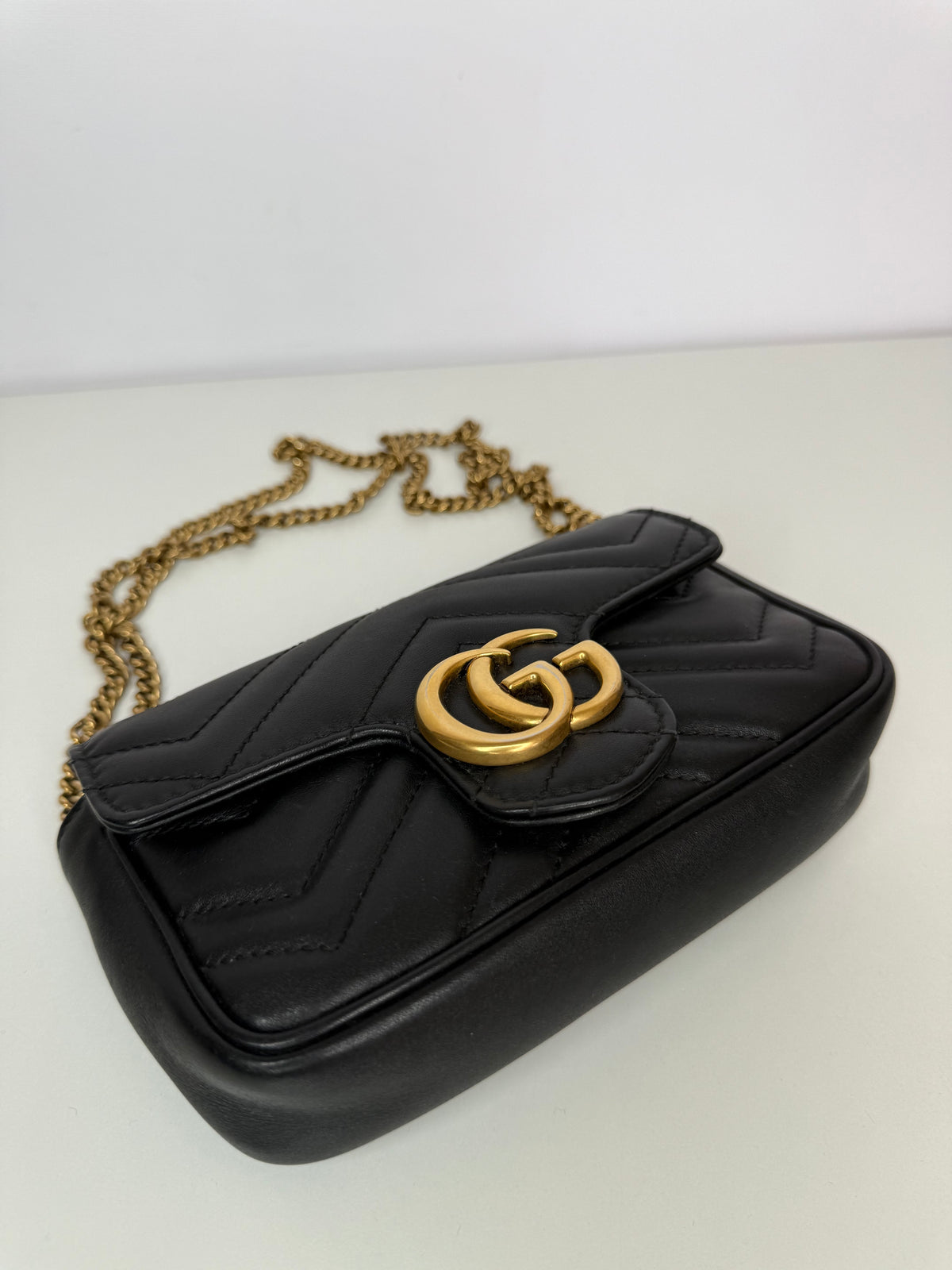 Gucci Black Calfskin Matelasse Super Mini GG Marmont Shoulder Bag