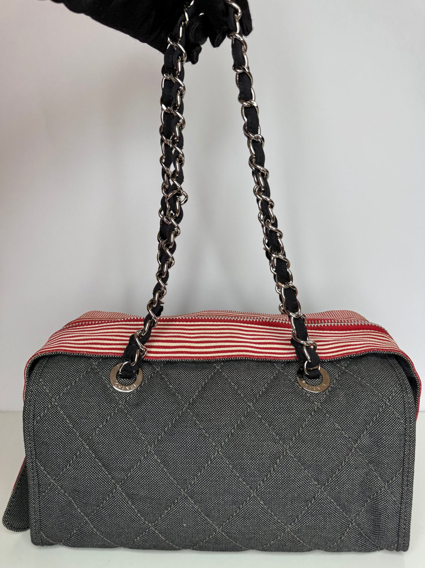 Chanel Blue/Red Quilted Denim CC Bowler Shoulder Bag