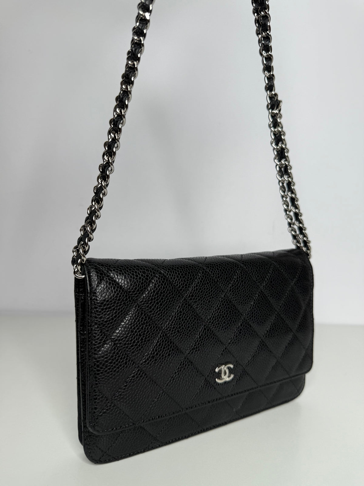 Chanel Black Quilted Caviar Leather Classic Wallet On Chain