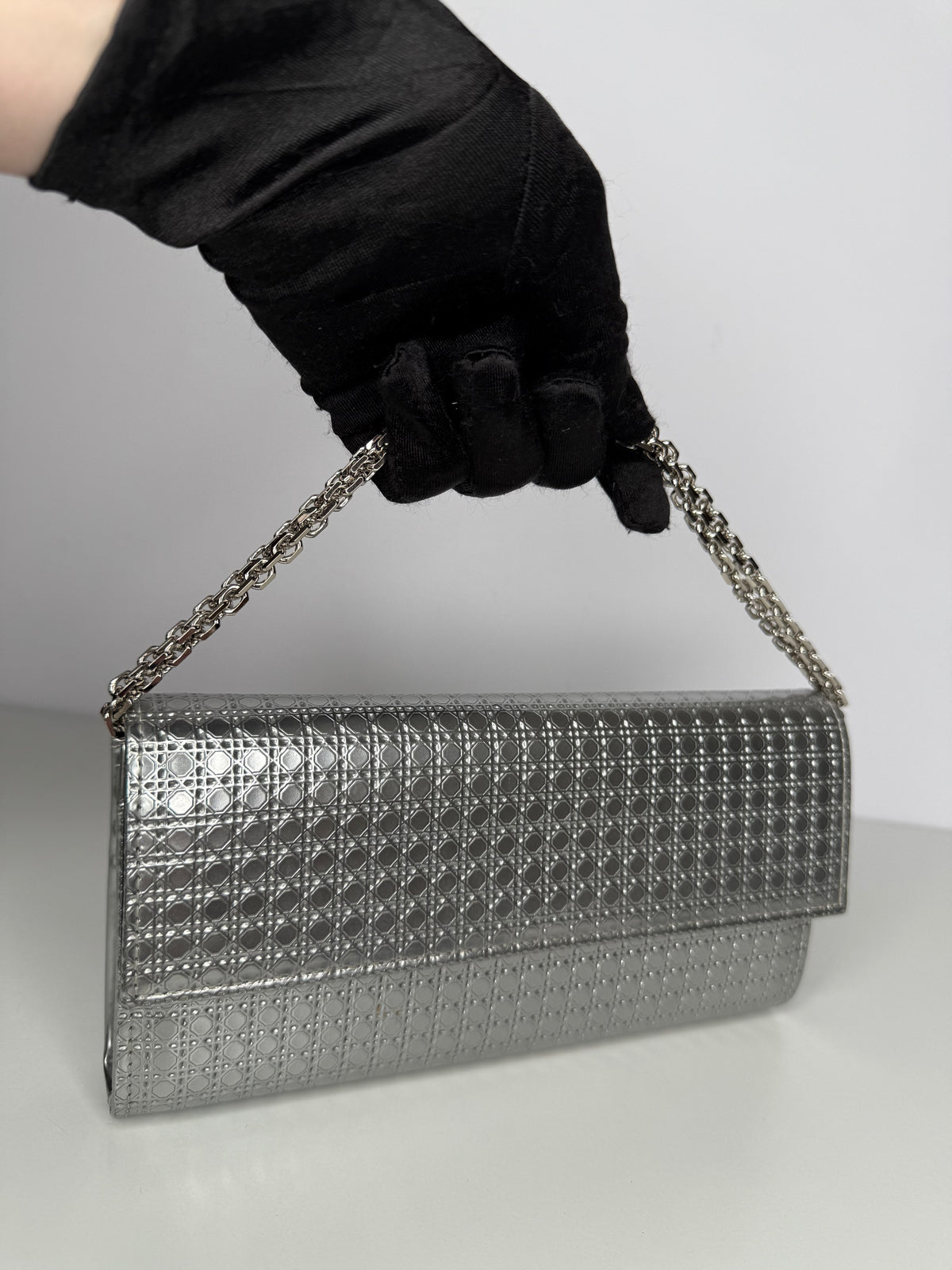 Christian Dior Lady Dior Croisiere Perforated Wallet on Chain in Silver