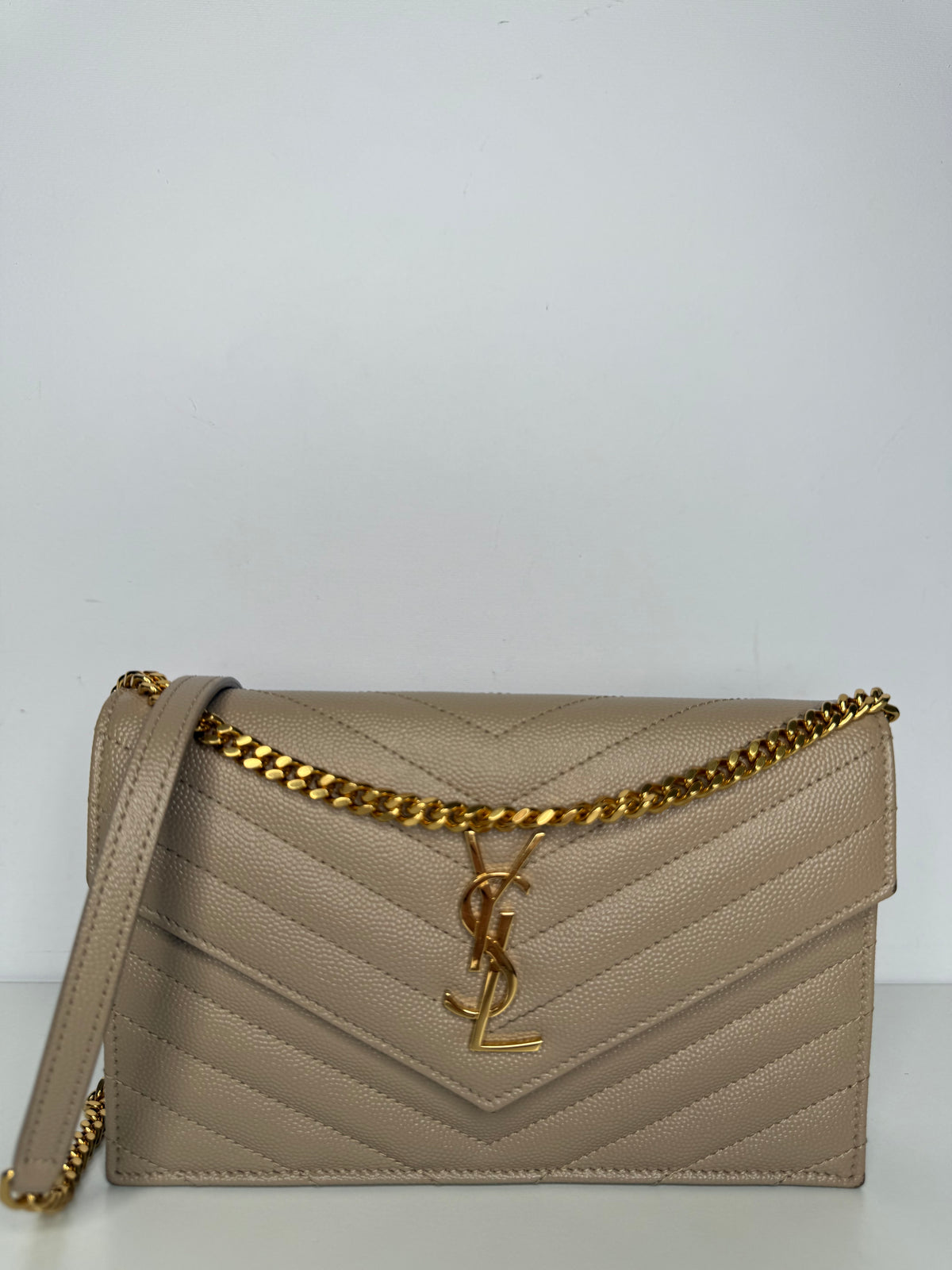 Saint Laurent Cassandre Envelope Dark Beige Grain De Poudre Leather Wallet on Chain
