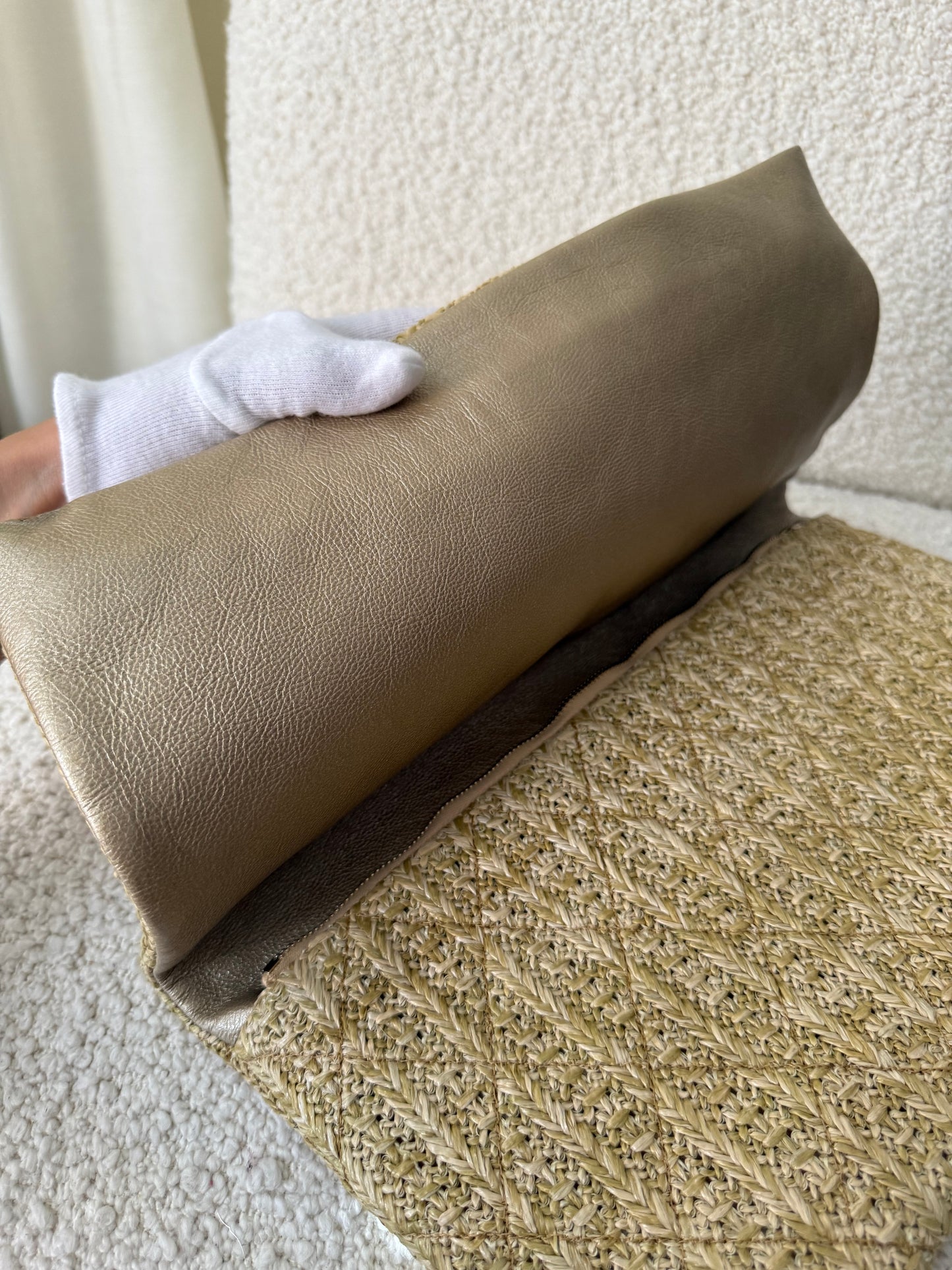 Chanel CC Woven Clutch Gold Natural Raffia Antique Gold Hardware