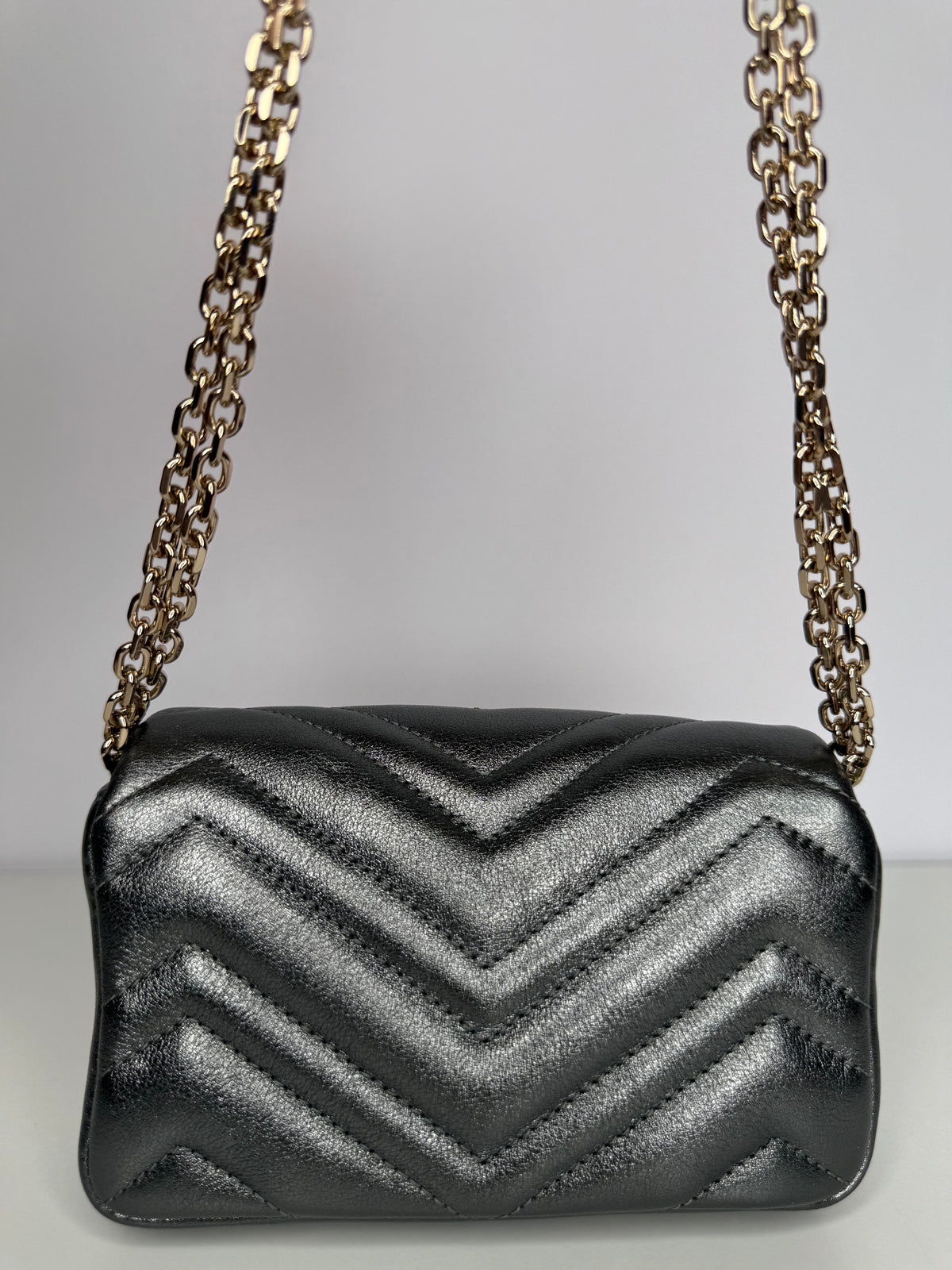 Gucci Calfskin Matelasse Super Mini GG Marmont Shoulder Bag Dark Gray