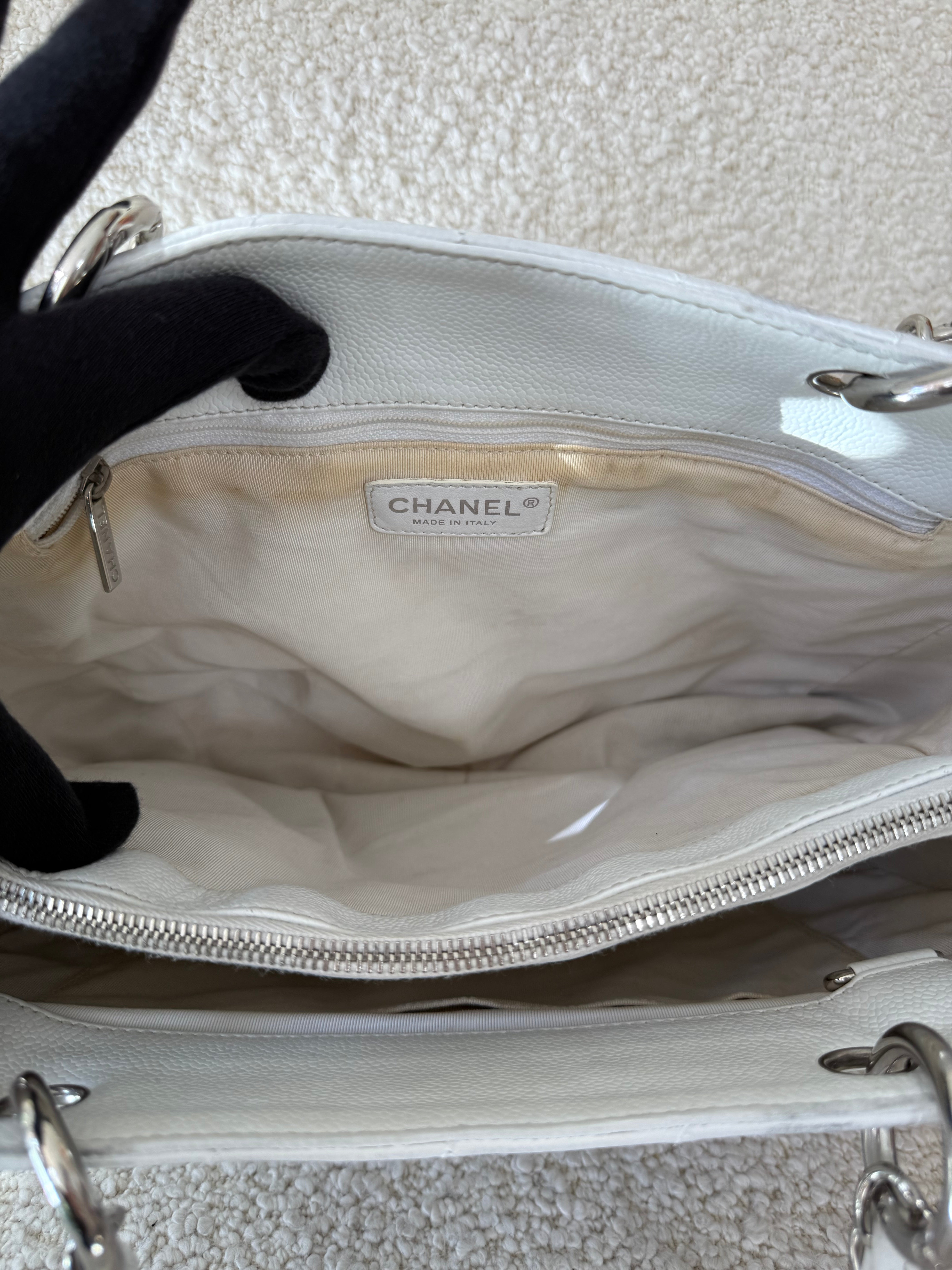 Chanel White Quilted Caviar Leather Grand Shopping Tote