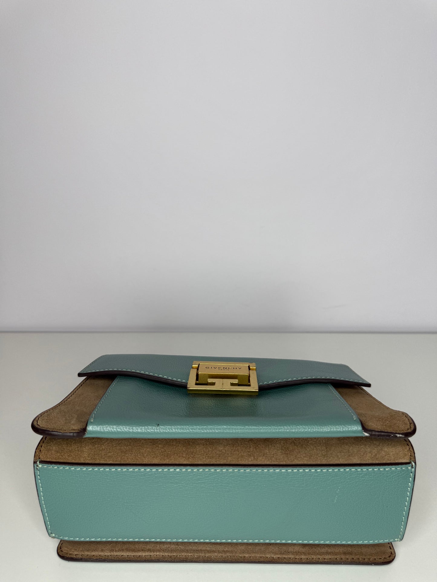 Givenchy GV3 in Light Blue Sugar Goatskin Tan Suede Trim Small Crossbody Bag