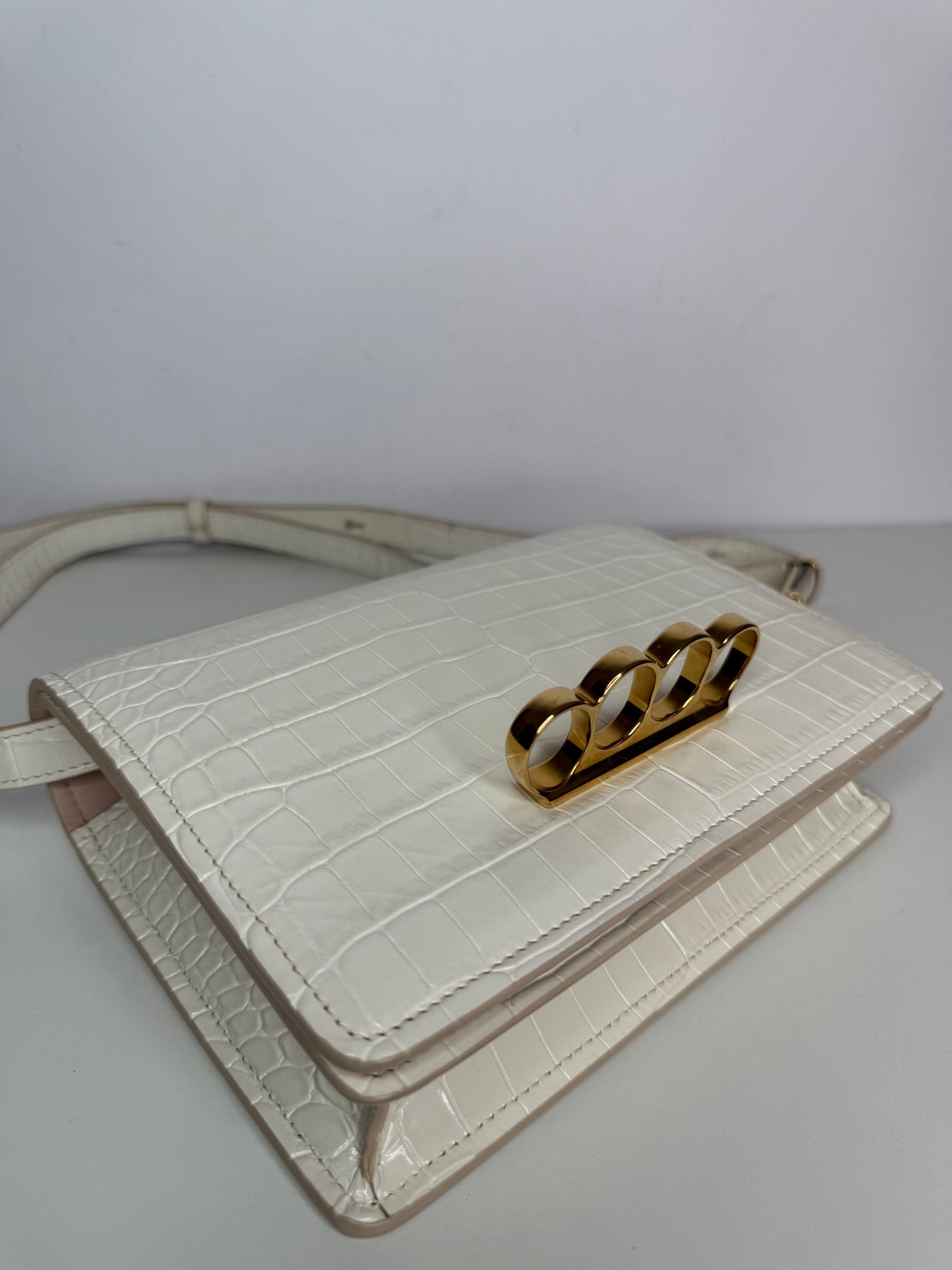 Alexander McQueen Croc Embossed Four Ring Crossbody Bag in Soft Ivory