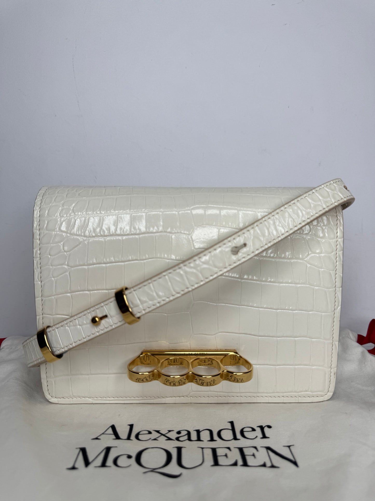Alexander McQueen Croc Embossed Four Ring Crossbody Bag in Soft Ivory