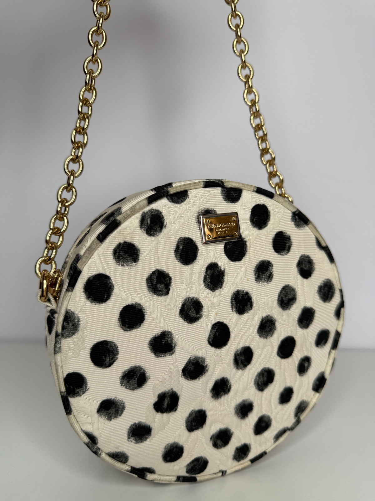 Dolce Gabbana Black/White Polka Dot Fabric Brocade Round Glam Crossbody Bag
