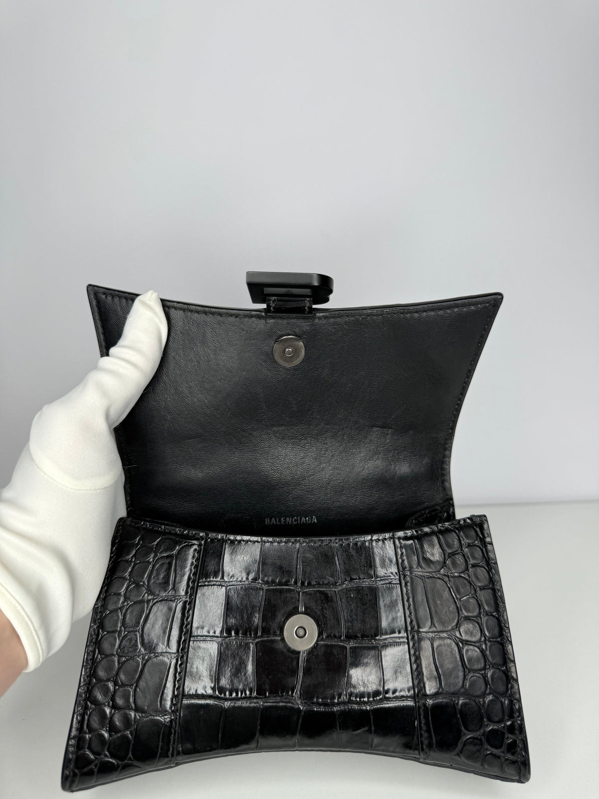 Balenciaga XS Hourglass Croc Embossed Bag Black