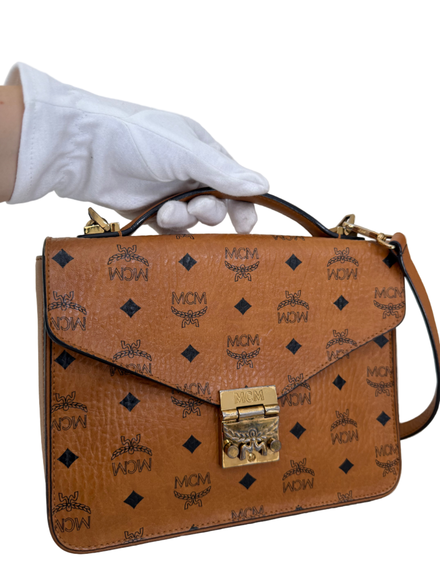 MCM Patricia Satchel Visetos Crossbody Bag Brown