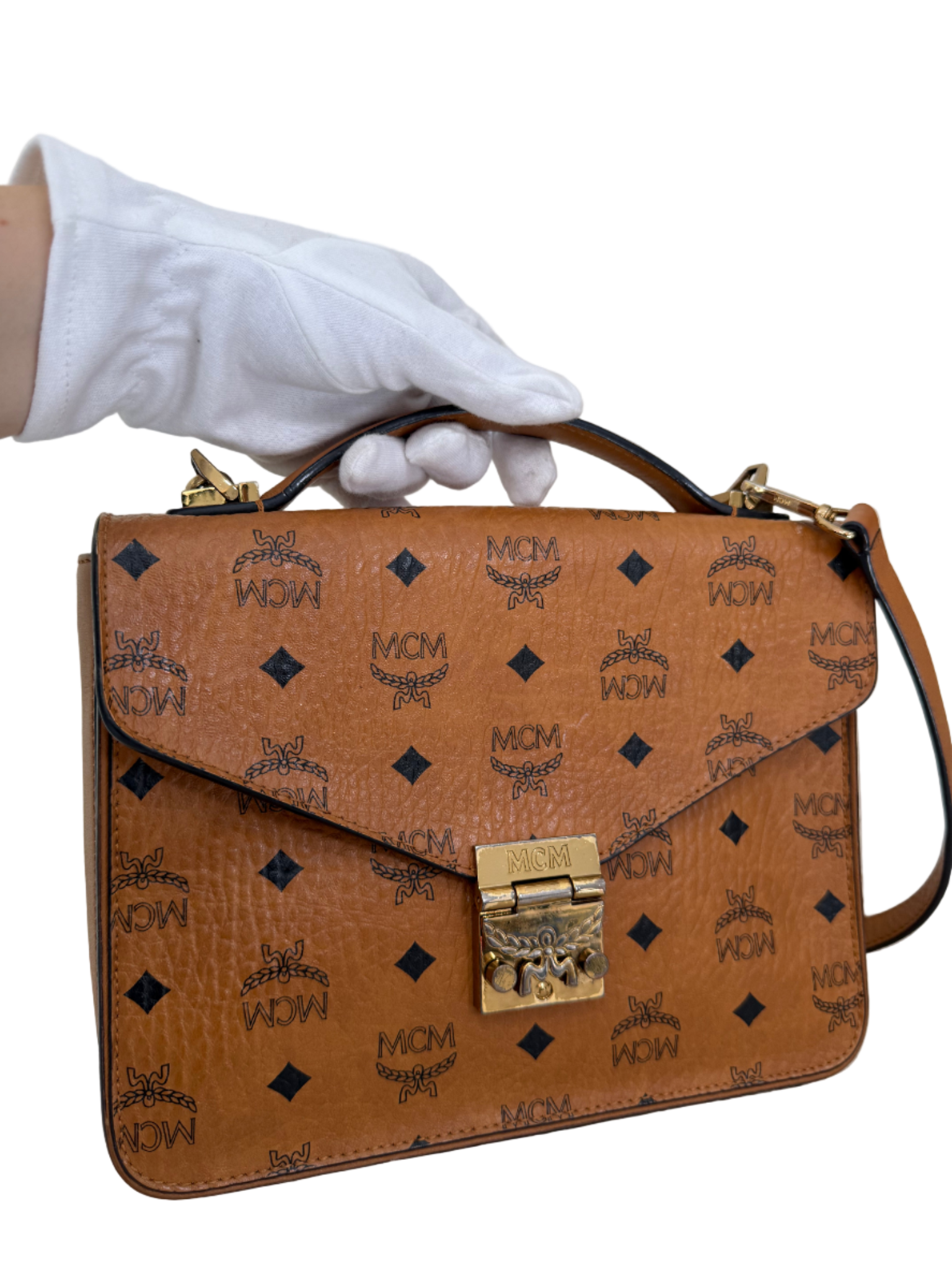 MCM Patricia Satchel Visetos Crossbody Bag Brown