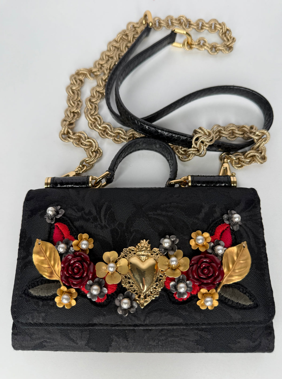 Dolce Gabbana Rare Sicily Von Bag Black with Roses and Sacred Heart