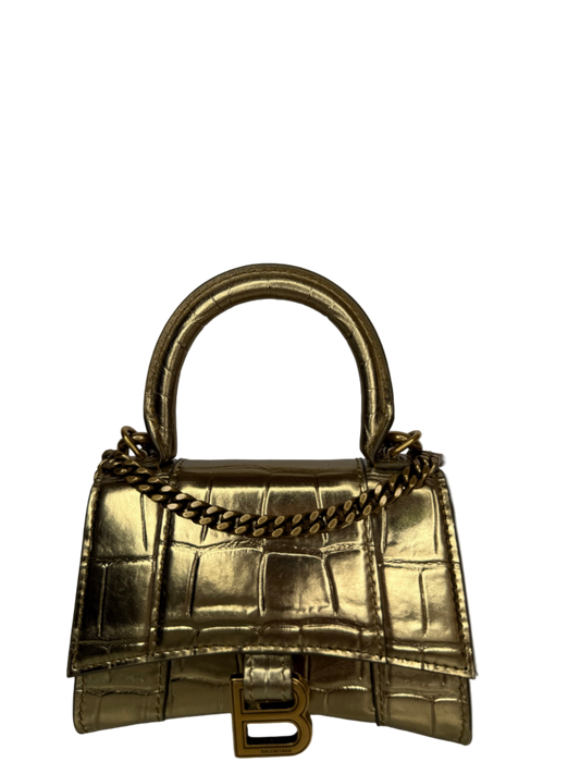 Balenciaga Gold Croc Embossed Hourglass Nano Top Handle Bag