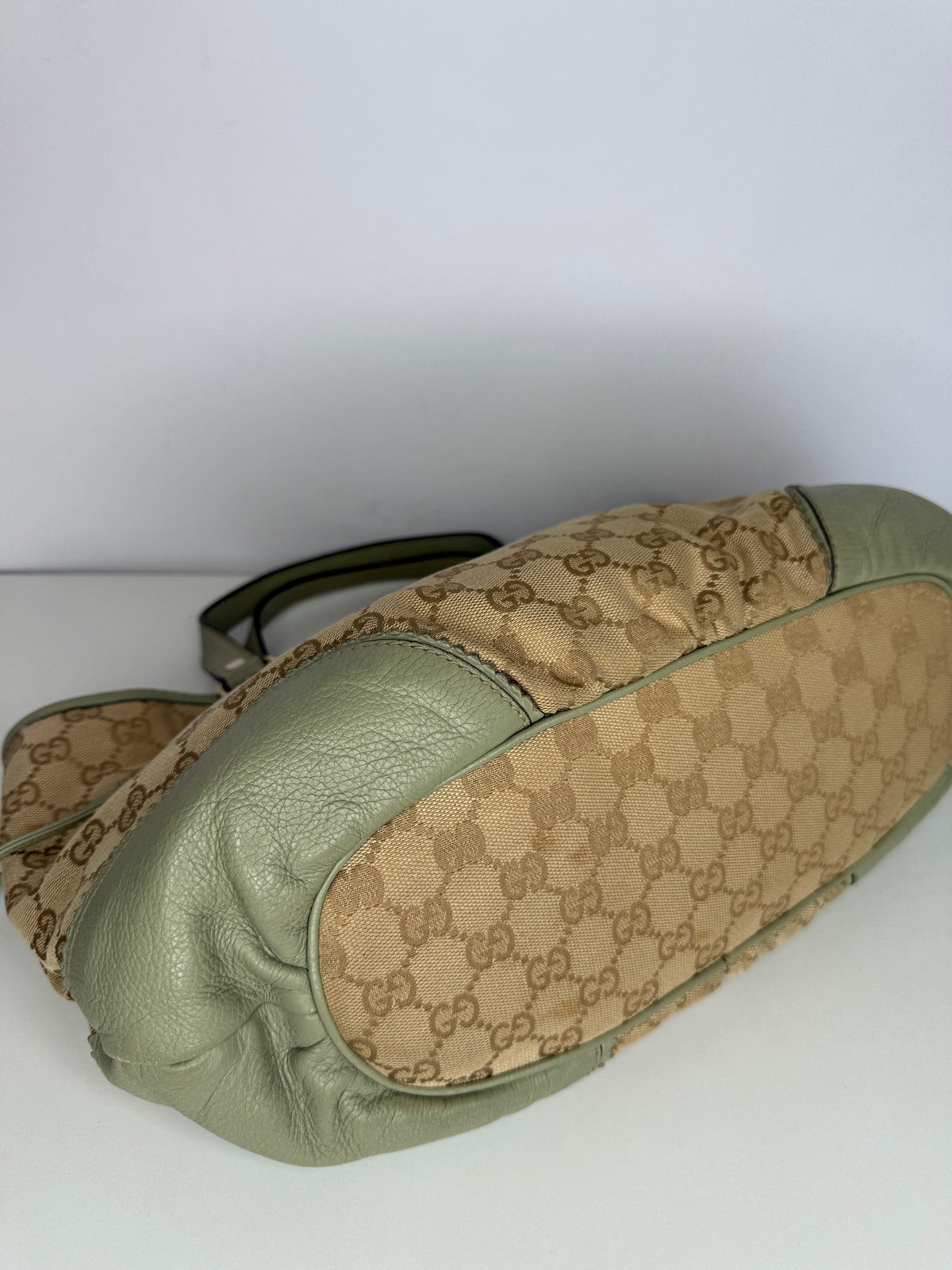 Gucci Beige GG Canvas and Green Leather Tribeca Small Tote Bag