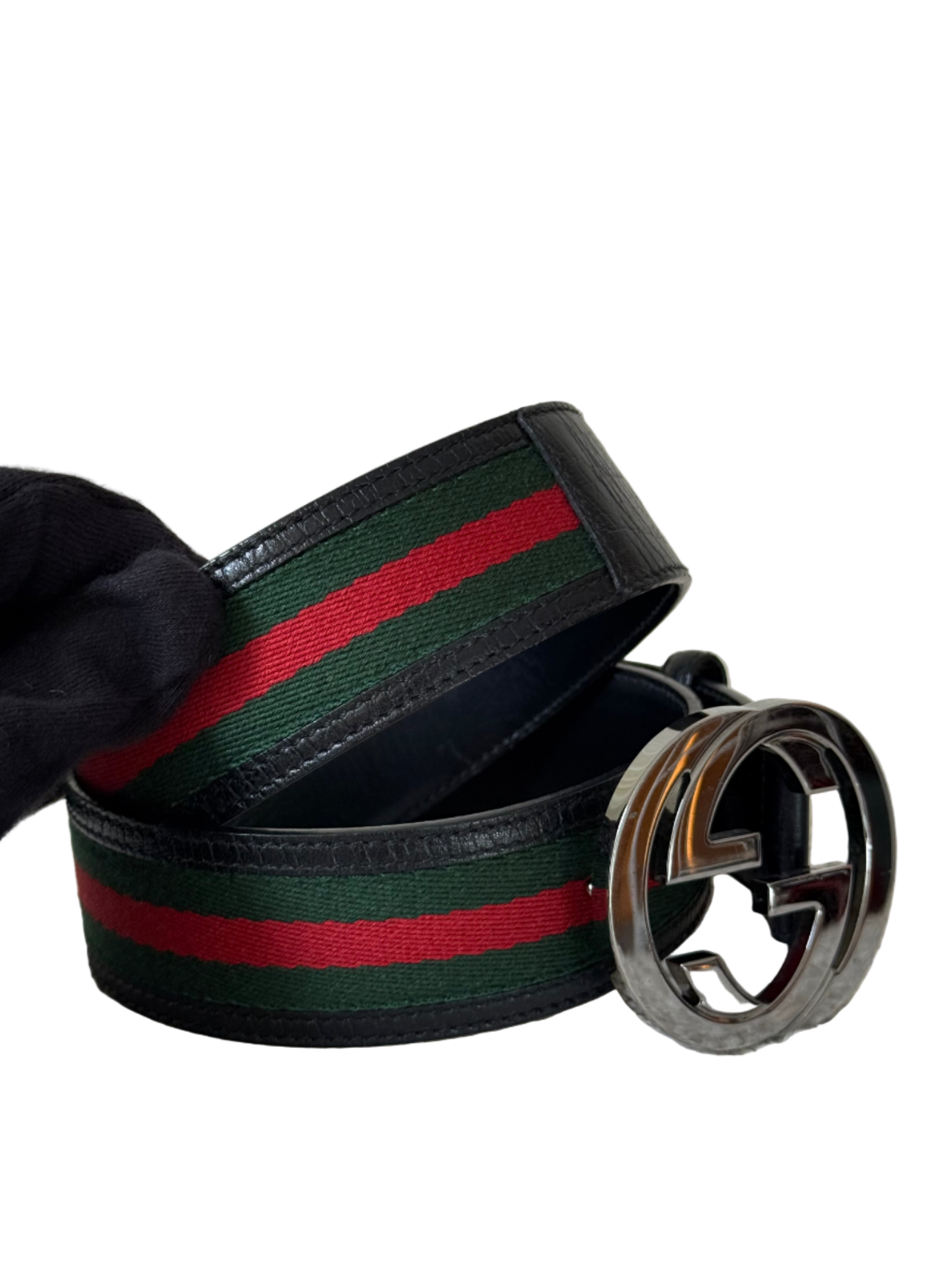 Gucci Green/Red Web Fabric and Leather Interlocking GG Buckle Belt