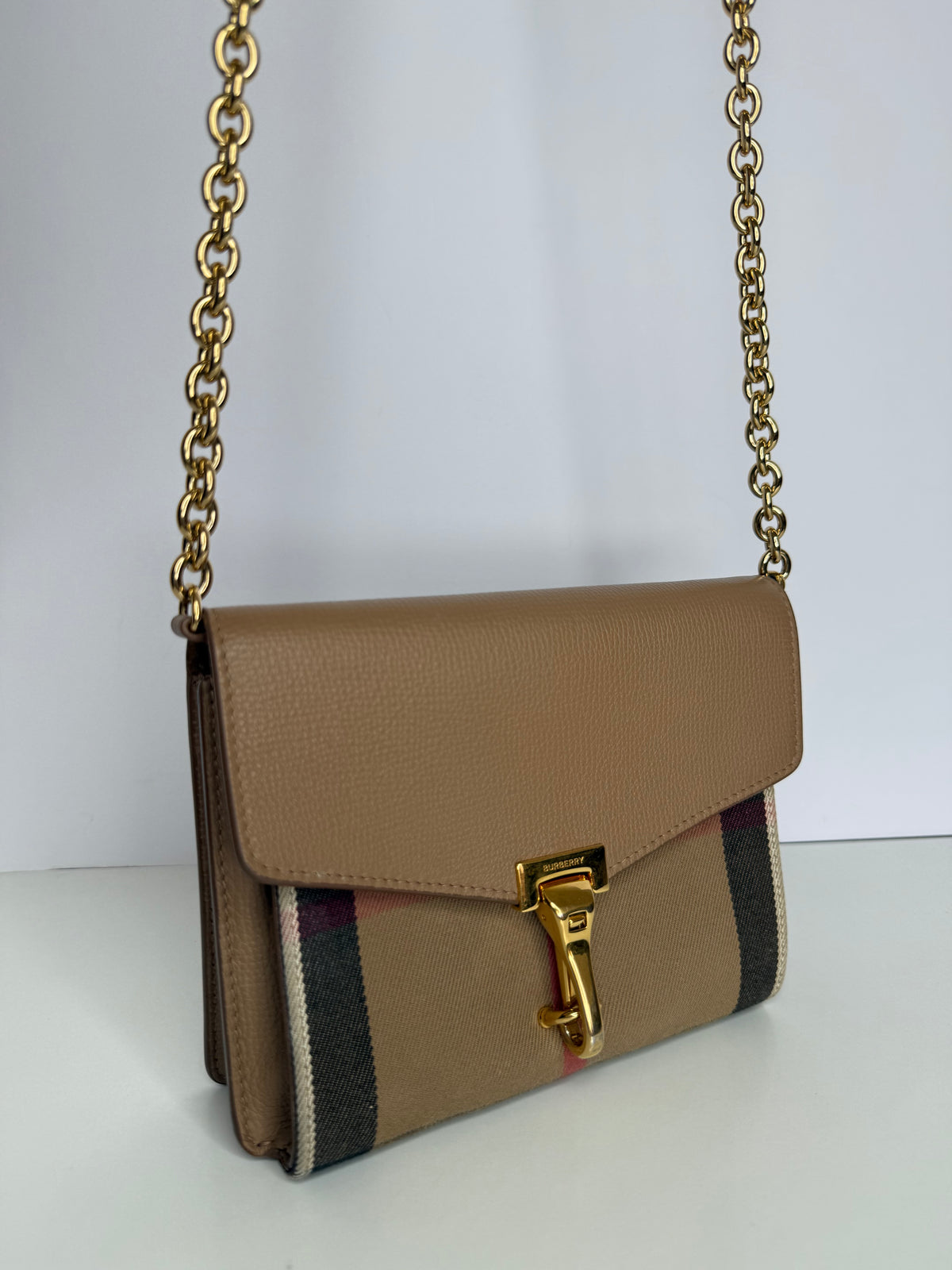 Burberry Derby Calfskin House Check Small Macken Crossbody Bag Camel