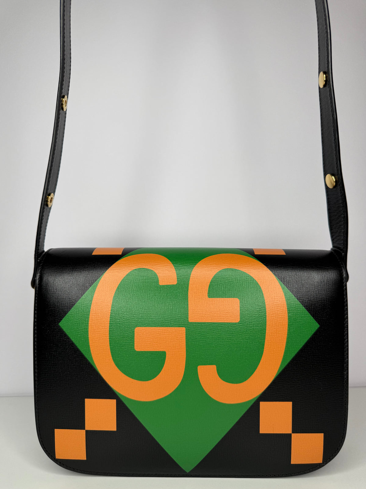 Gucci Horsebit 1955 Multicolor Geometric Pattern on Black Leather Shoulder Bag