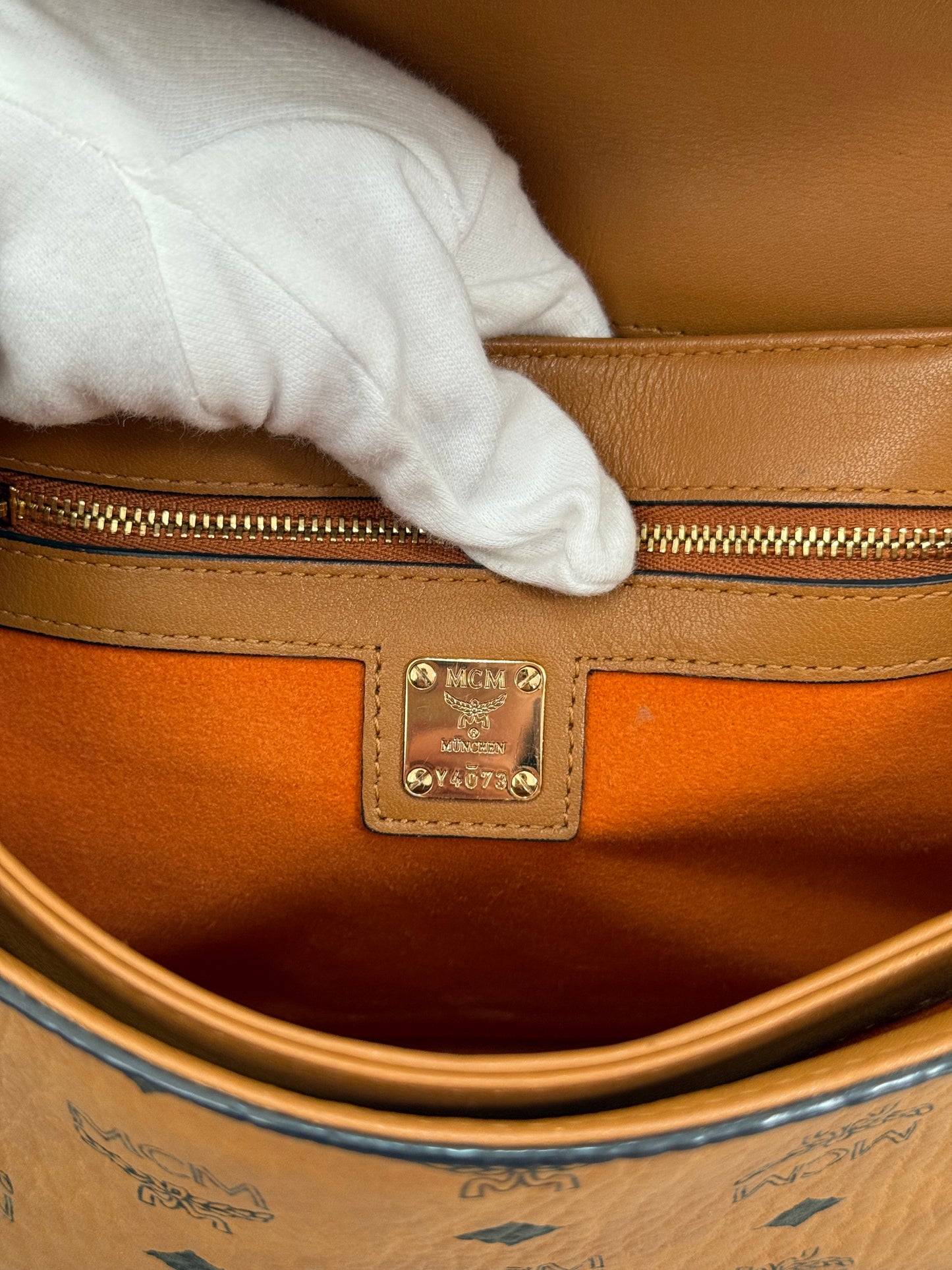 MCM Patricia Satchel Visetos Crossbody Bag Brown